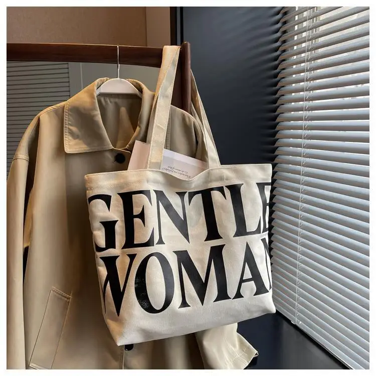 Large Capacity Letter Print Canvas Bag Women Fashion Shoulder Tote Bag Portable Reusable Shopping Bag for Daily Outings
