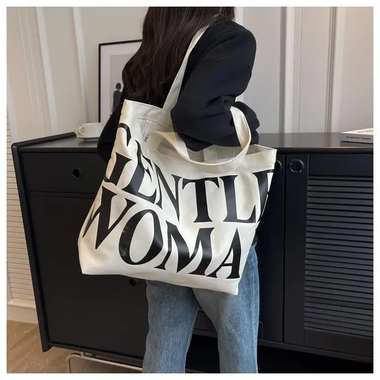 Large Capacity Letter Print Canvas Bag Women Fashion Shoulder Tote Bag Portable Reusable Shopping Bag for Daily Outings