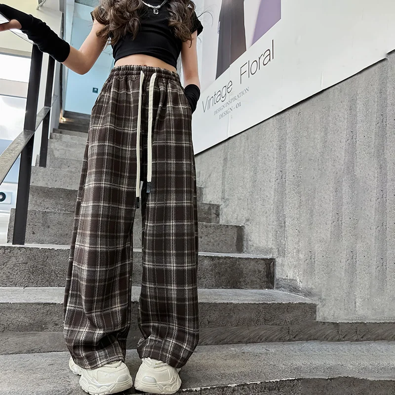 Teenage Girls Plaid Pants Spring Autumn Casual Loose Straight Drawstring Child Fashion Sweatpants for Kids