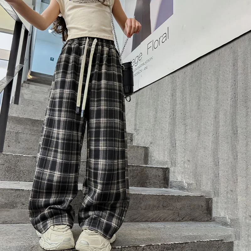 Teenage Girls Plaid Pants Spring Autumn Casual Loose Straight Drawstring Child Fashion Sweatpants for Kids