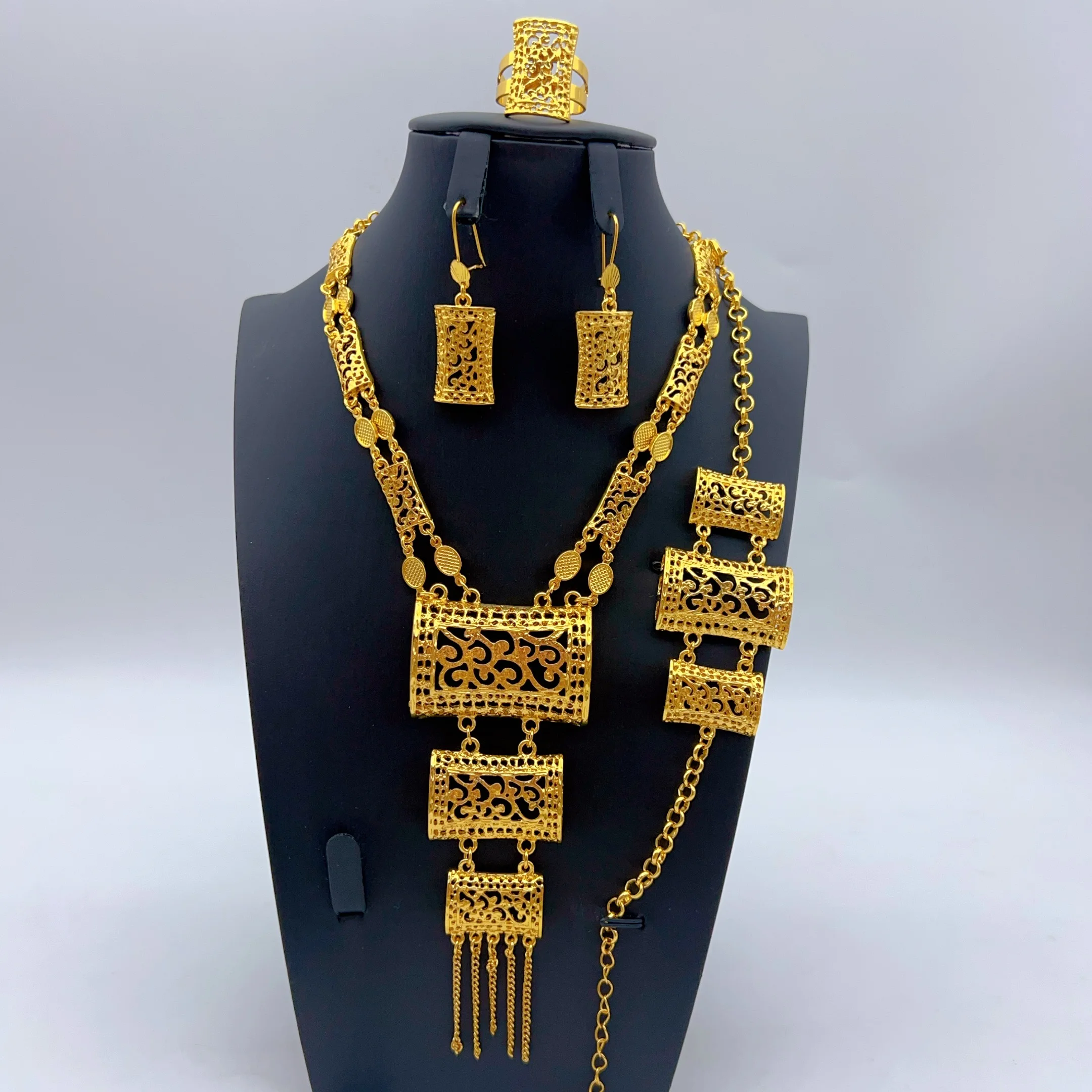 Brazilian 24k Gold Plated Long Tassel Necklace Earrings Jewelry Set For Women Wedding Jewellery Dubai Nigerian Bridal Sets