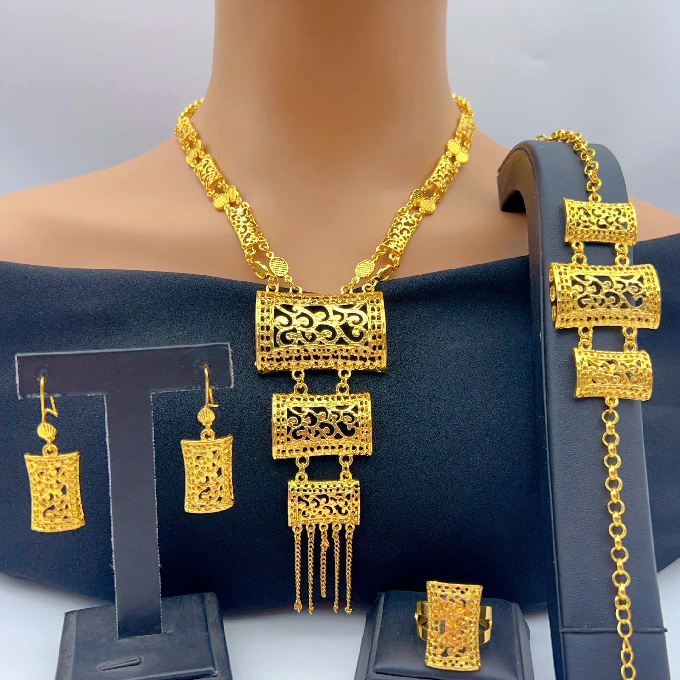 Brazilian 24k Gold Plated Long Tassel Necklace Earrings Jewelry Set For Women Wedding Jewellery Dubai Nigerian Bridal Sets