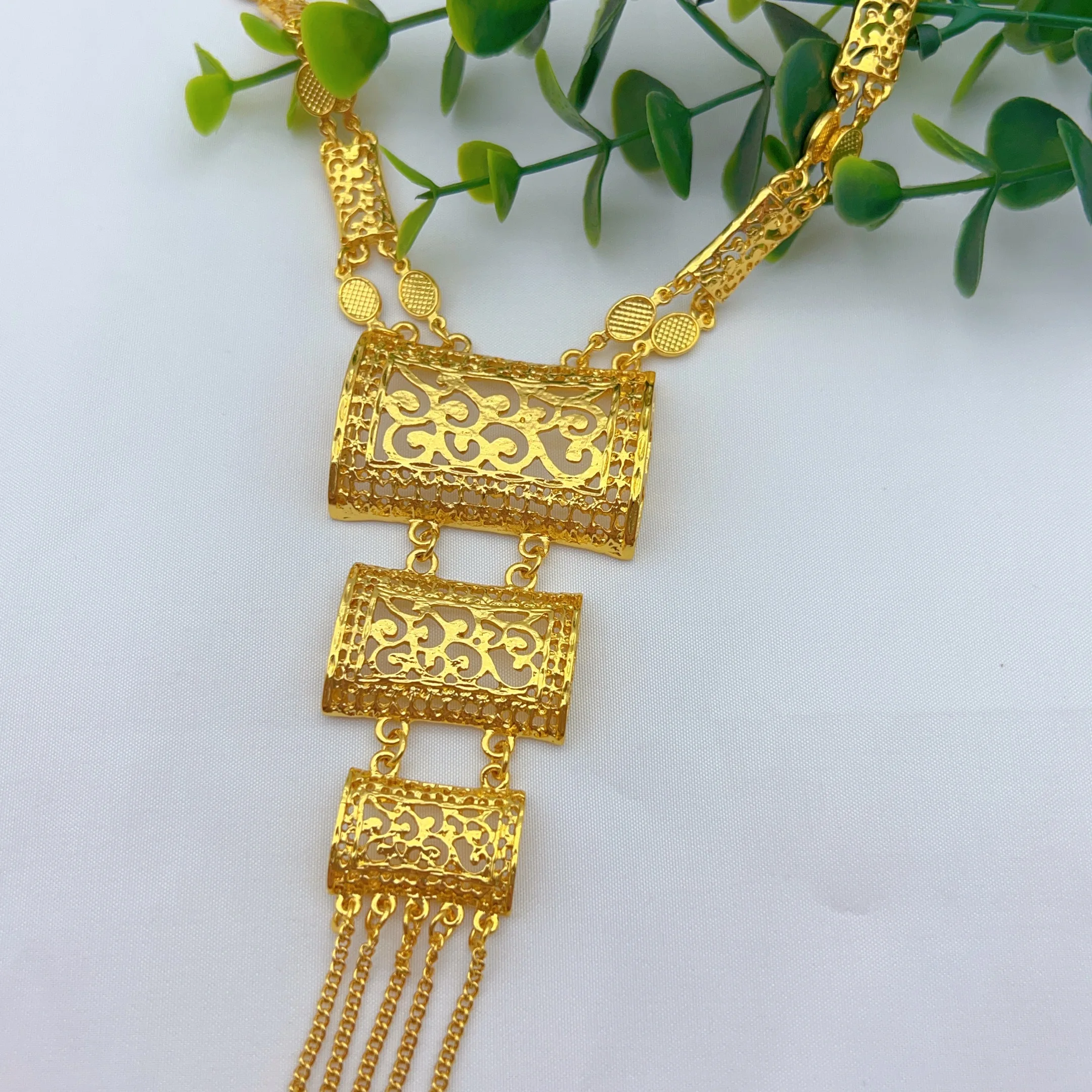 Brazilian 24k Gold Plated Long Tassel Necklace Earrings Jewelry Set For Women Wedding Jewellery Dubai Nigerian Bridal Sets