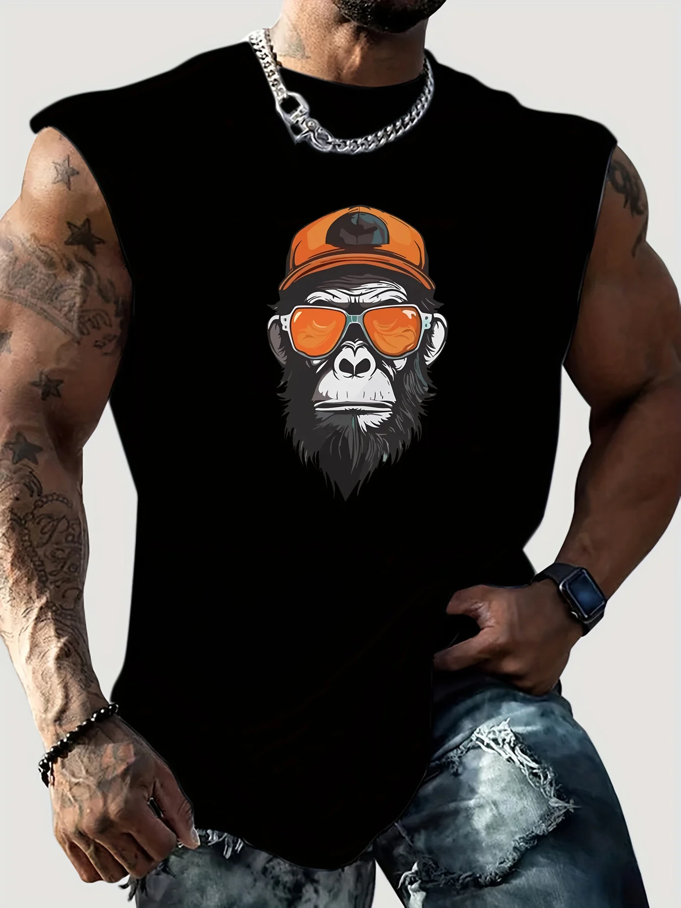 100% Pure Cotton Men's Summer Fashionable Casual Sports Loose Personality Pattern Printed Breathable Round Neck Sleeveless Vest