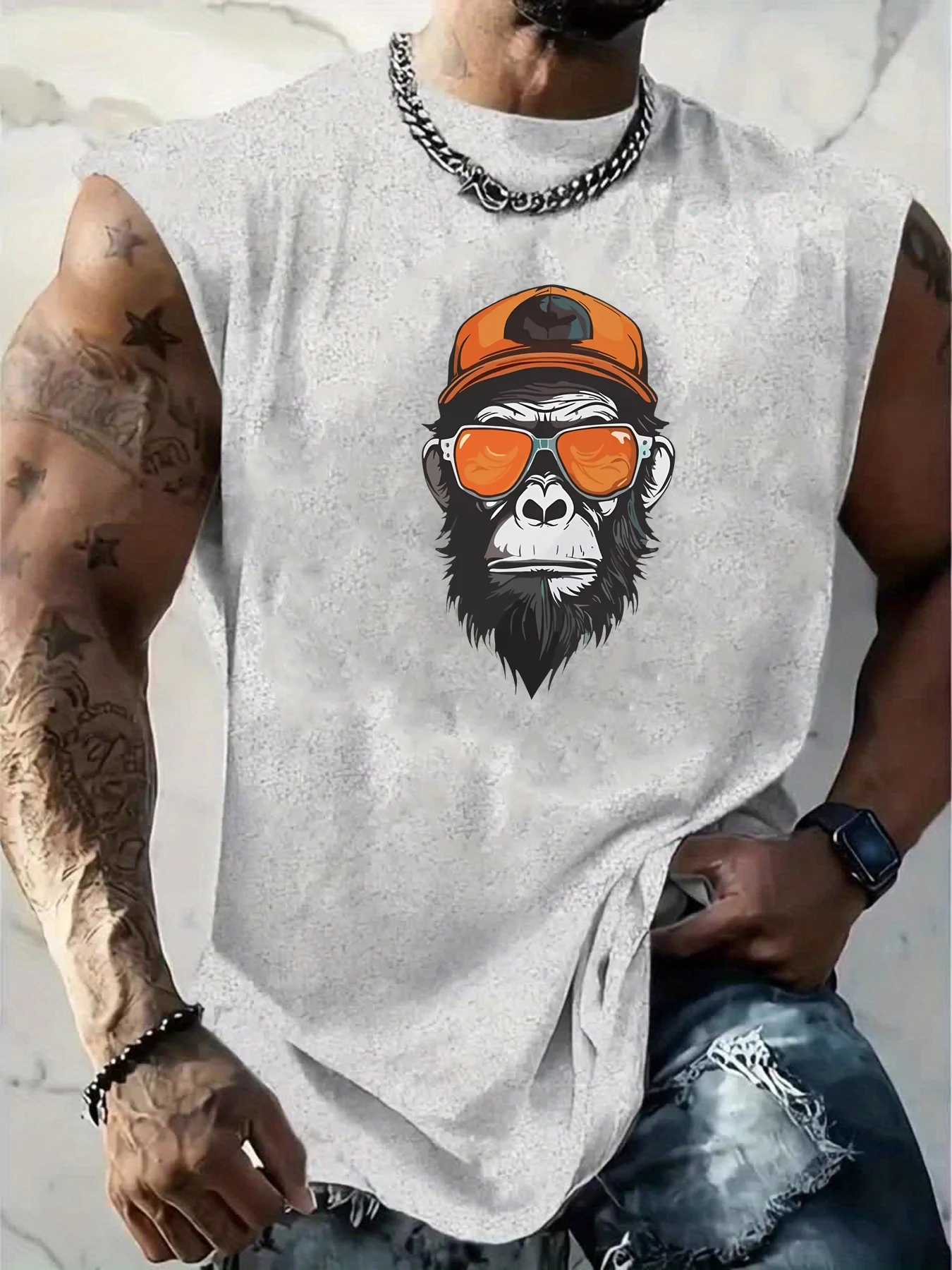 100% Pure Cotton Men's Summer Fashionable Casual Sports Loose Personality Pattern Printed Breathable Round Neck Sleeveless Vest