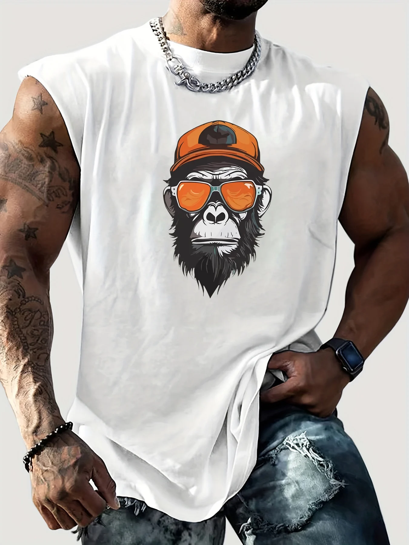100% Pure Cotton Men's Summer Fashionable Casual Sports Loose Personality Pattern Printed Breathable Round Neck Sleeveless Vest