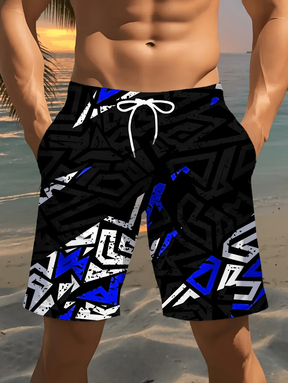 Summer Men's Stylish Print Casual Shorts 3D Geometric Patterns Lightweight Comfortable Drawstring Surfing Swimming Men Clothing