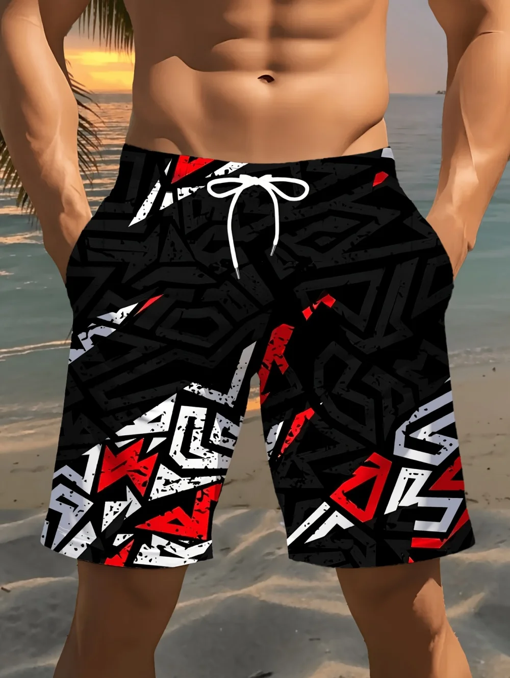 Summer Men's Stylish Print Casual Shorts 3D Geometric Patterns Lightweight Comfortable Drawstring Surfing Swimming Men Clothing