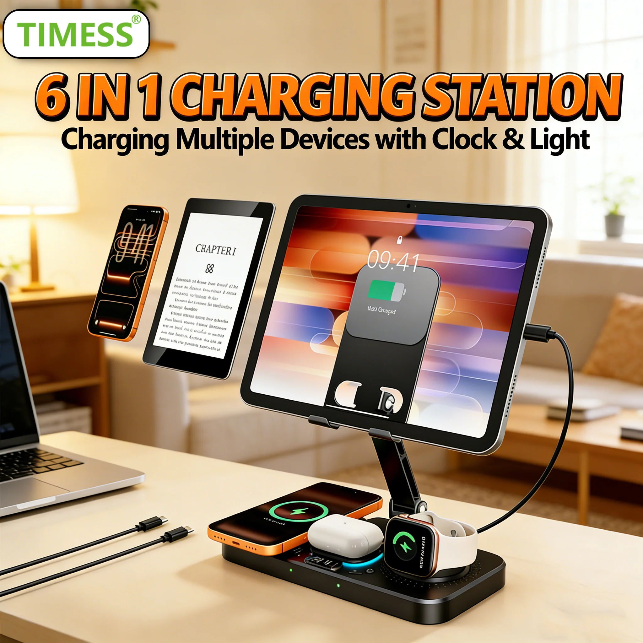 TIMESS 6 in 1 Charging Station Charger For IPhone17 16 15 with Clock & Light 15W Fast Foldable Wired Charging Stand for IPad/Tab