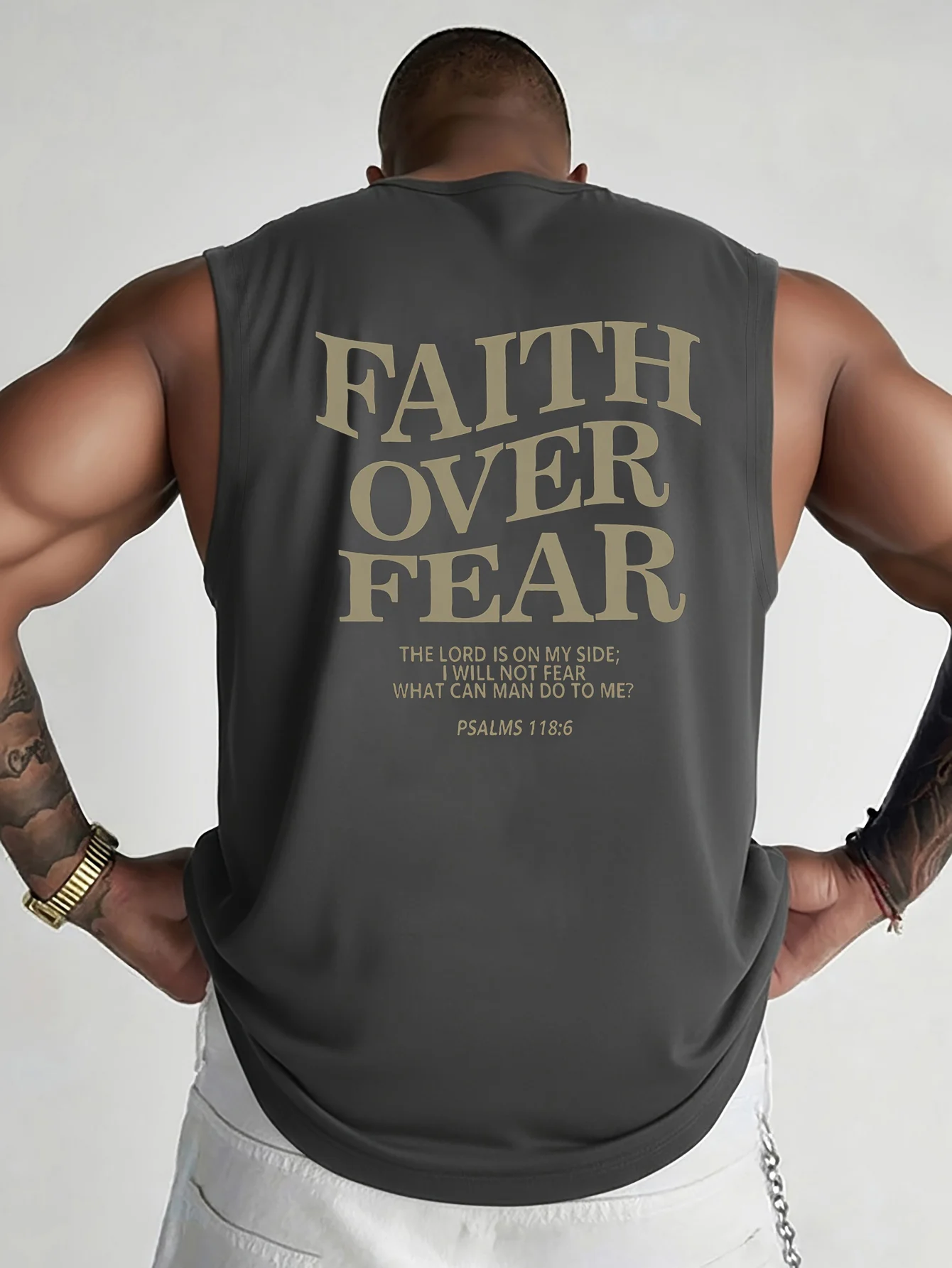 100% Pure Cotton Men's Summer Casual Sports Fitness Loose FAITH OVER FEAR Print Breathable Round Neck Sleeveless Vest