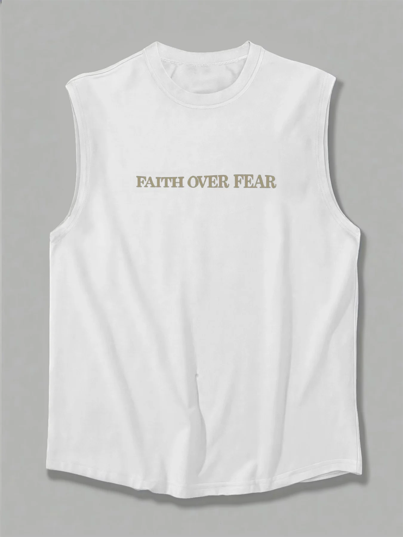 100% Pure Cotton Men's Summer Casual Sports Fitness Loose FAITH OVER FEAR Print Breathable Round Neck Sleeveless Vest