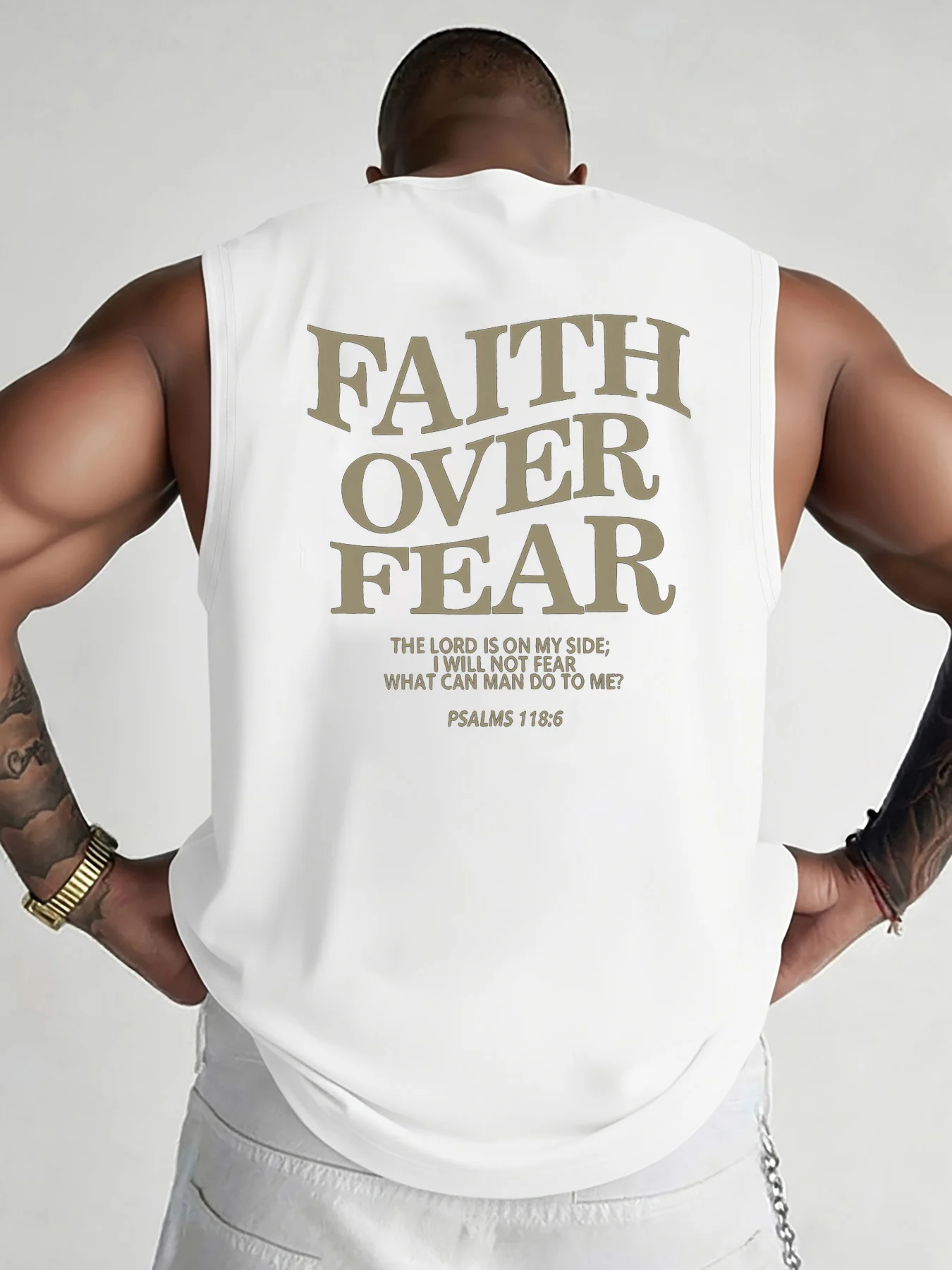 100% Pure Cotton Men's Summer Casual Sports Fitness Loose FAITH OVER FEAR Print Breathable Round Neck Sleeveless Vest