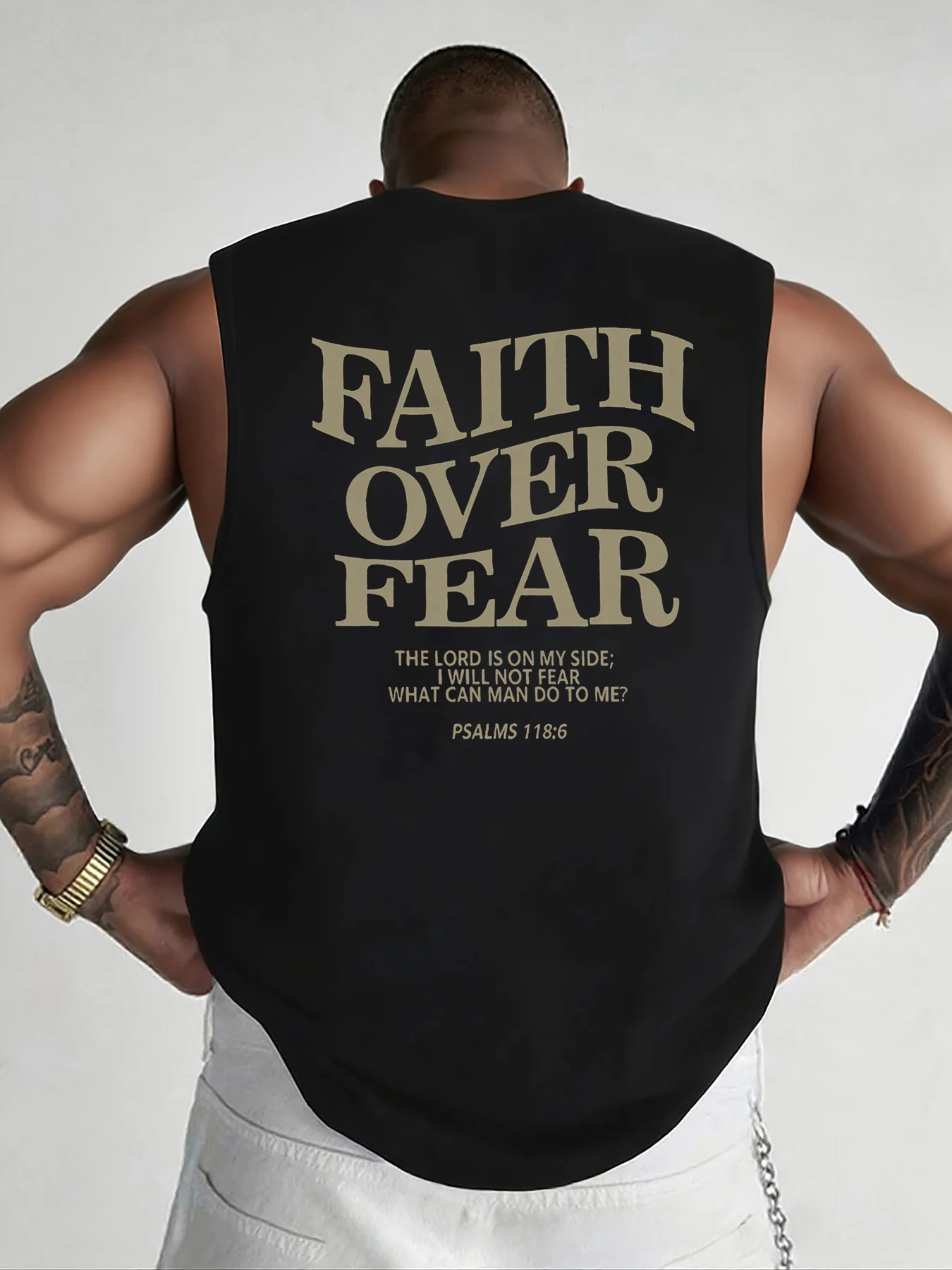 100% Pure Cotton Men's Summer Casual Sports Fitness Loose FAITH OVER FEAR Print Breathable Round Neck Sleeveless Vest