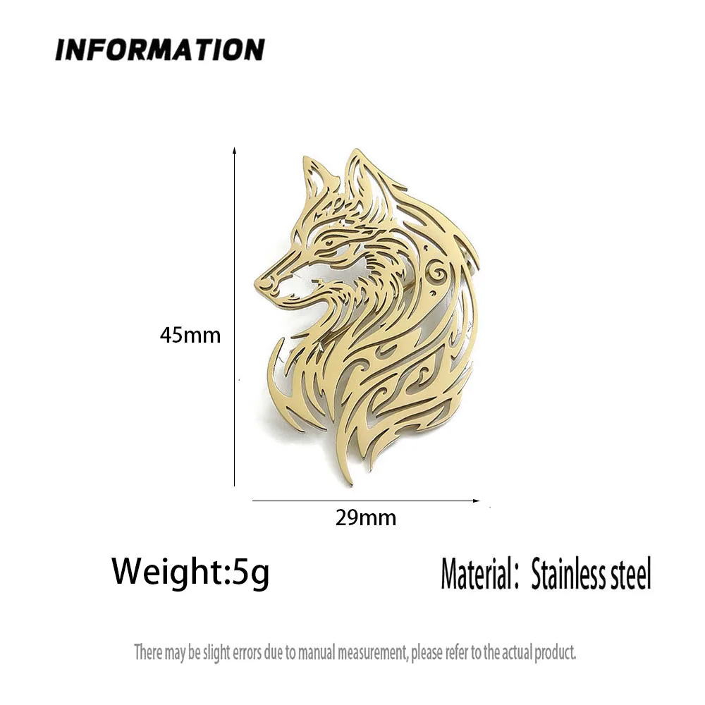Original design hollow wolf head gold-plated stainless steel brooch, waterproof and non-fading pin, suit accessories