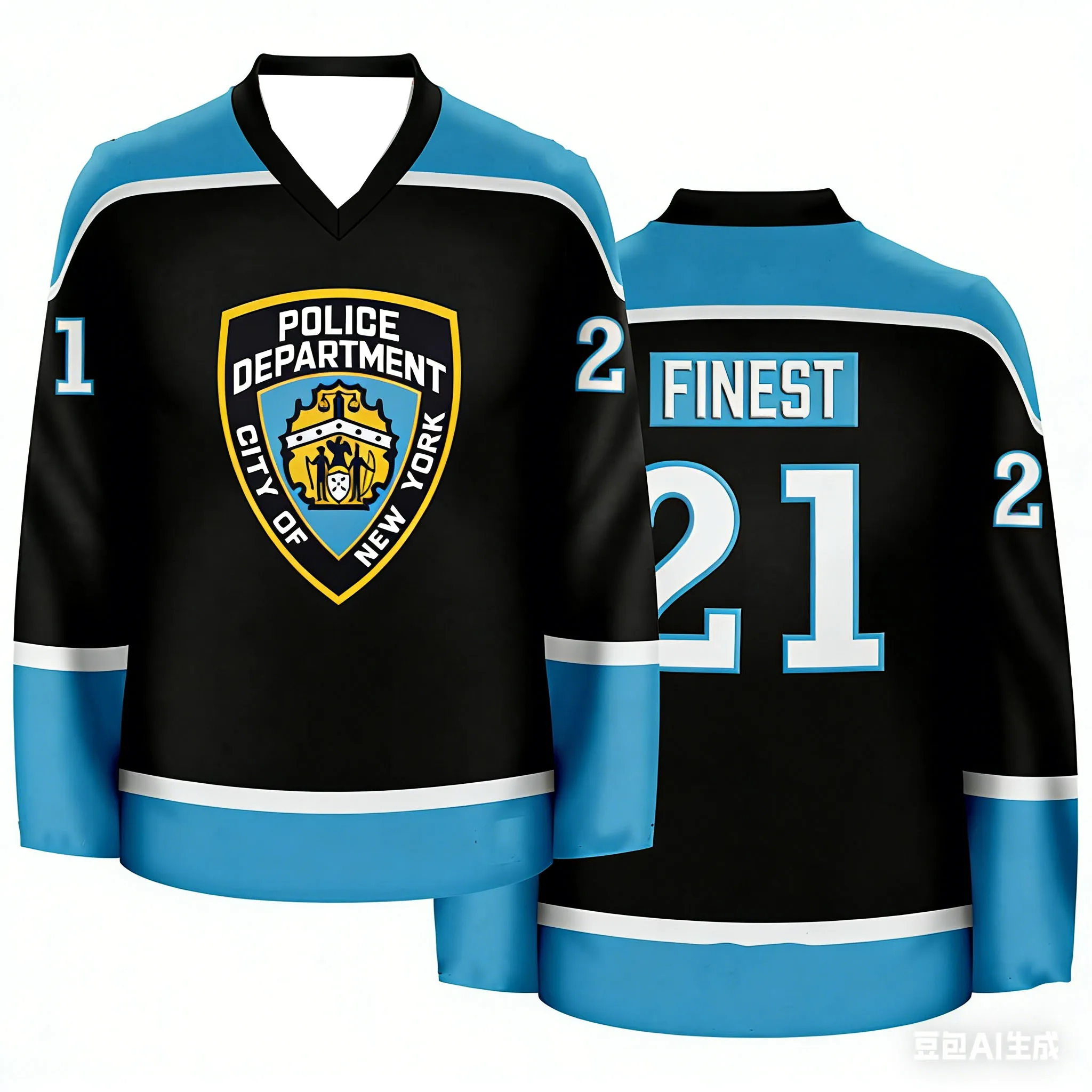 NYPD New York Police Department Ice Hockey Jersey, Finest 21 Number Print V-Neck Long Sleeve Sport Shirt Men's Casual Streetwear