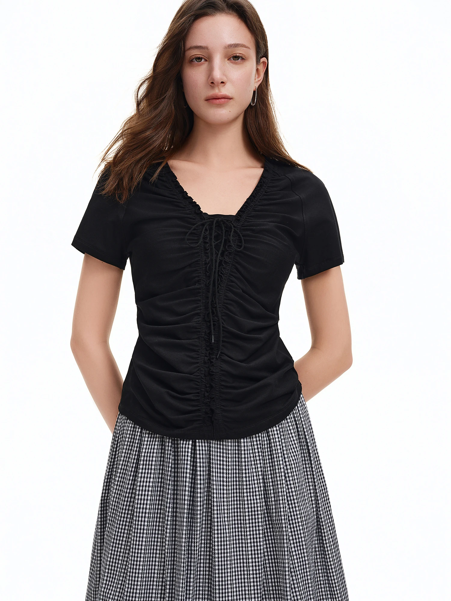 DUSHU Layered Wooden Collar T-Shirt with Pleated Straps and Waist-Defining Detail 2026 Summer New Arrival Style for Slimming Fit