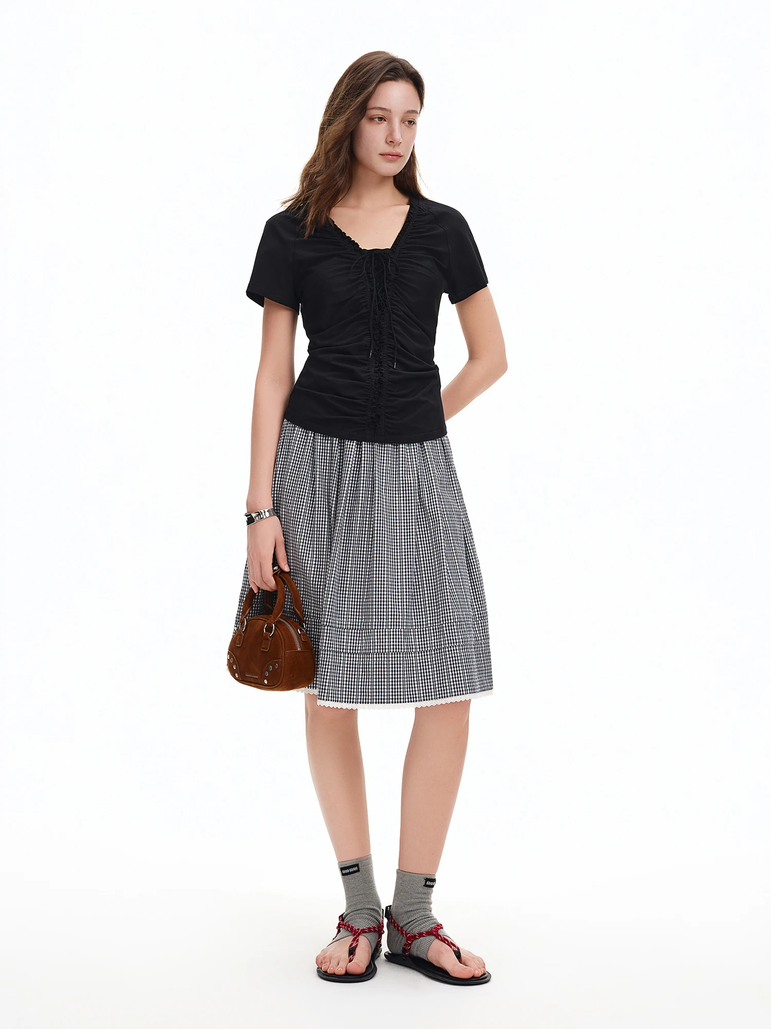 DUSHU Layered Wooden Collar T-Shirt with Pleated Straps and Waist-Defining Detail 2026 Summer New Arrival Style for Slimming Fit