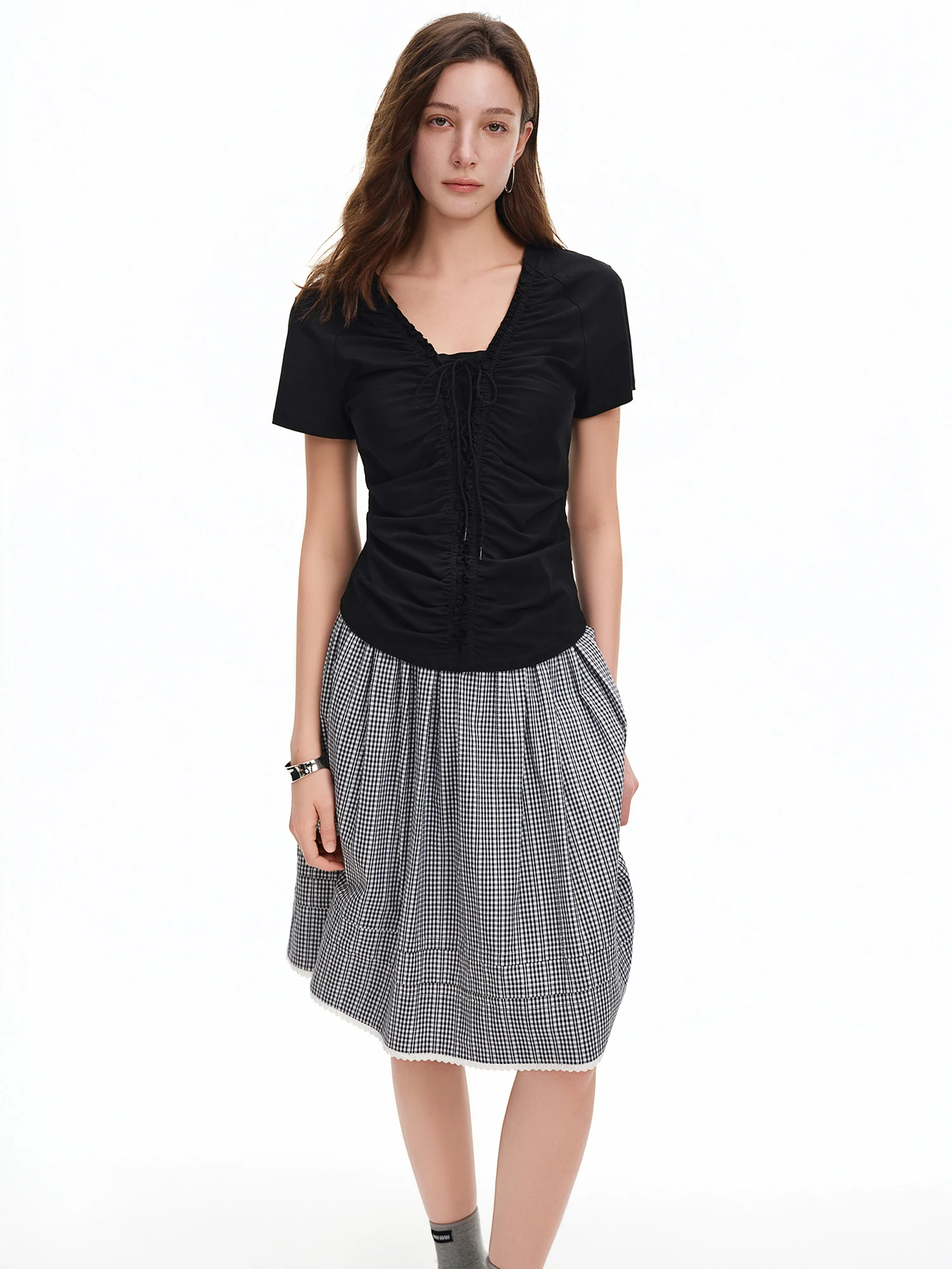 DUSHU Layered Wooden Collar T-Shirt with Pleated Straps and Waist-Defining Detail 2026 Summer New Arrival Style for Slimming Fit