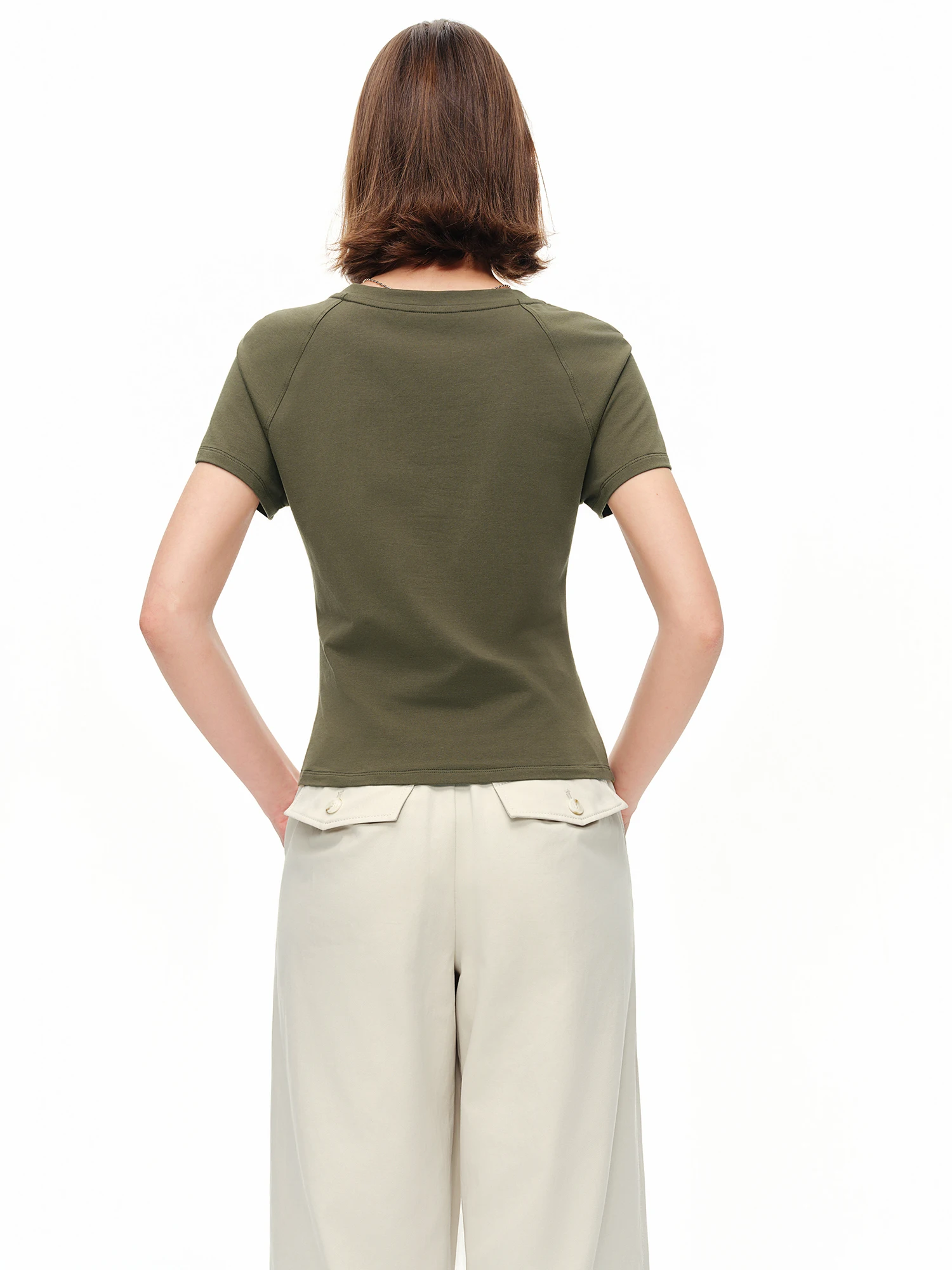 DUSHU Layered Wooden Collar T-Shirt with Pleated Straps and Waist-Defining Detail 2026 Summer New Arrival Style for Slimming Fit