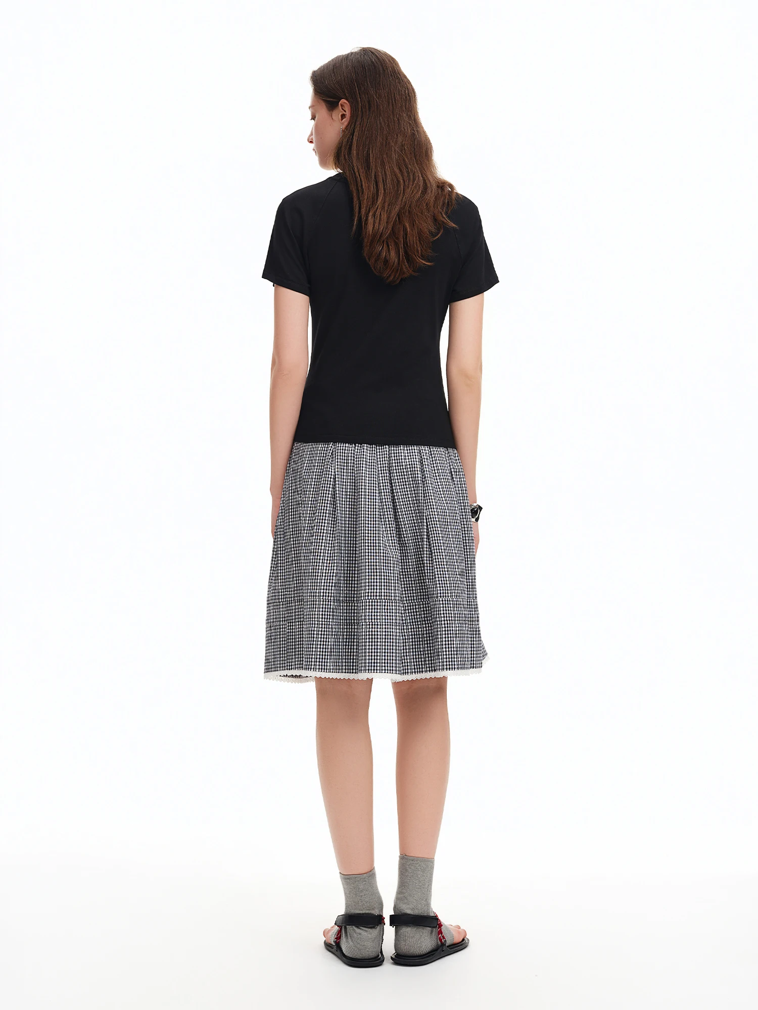 DUSHU Layered Wooden Collar T-Shirt with Pleated Straps and Waist-Defining Detail 2026 Summer New Arrival Style for Slimming Fit