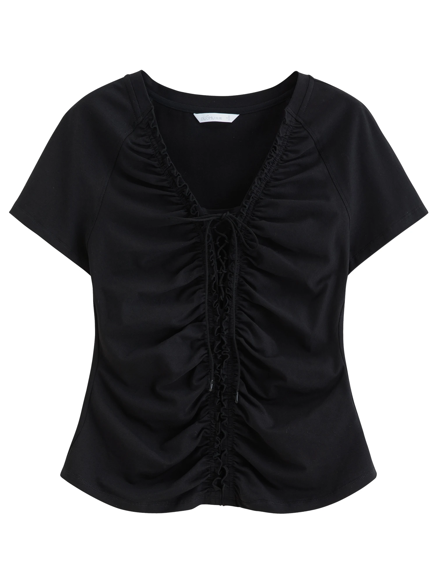 DUSHU Layered Wooden Collar T-Shirt with Pleated Straps and Waist-Defining Detail 2026 Summer New Arrival Style for Slimming Fit