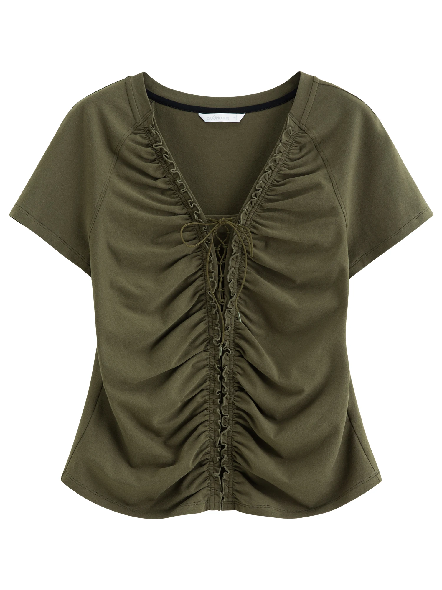 DUSHU Layered Wooden Collar T-Shirt with Pleated Straps and Waist-Defining Detail 2026 Summer New Arrival Style for Slimming Fit