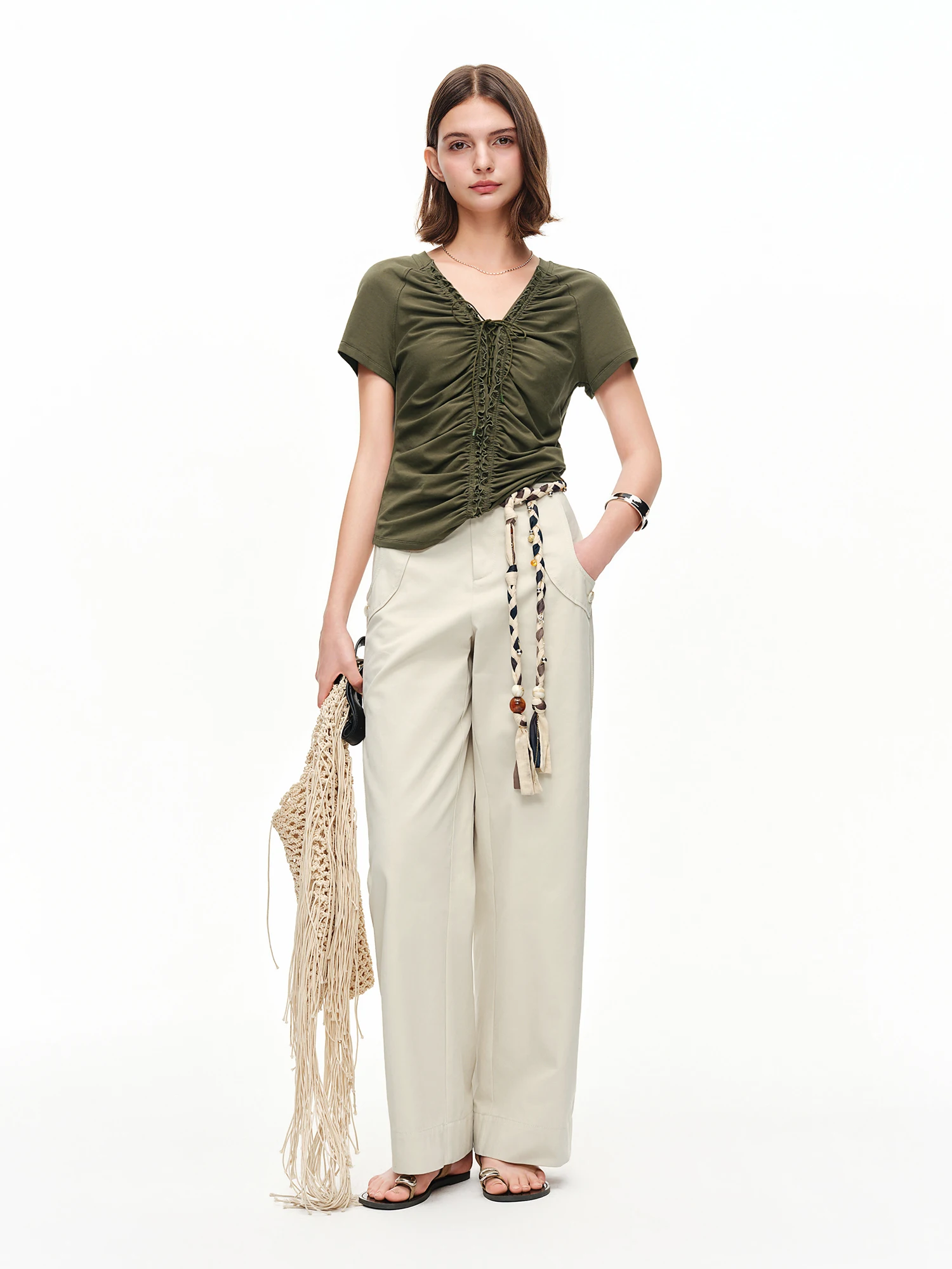 DUSHU Layered Wooden Collar T-Shirt with Pleated Straps and Waist-Defining Detail 2026 Summer New Arrival Style for Slimming Fit