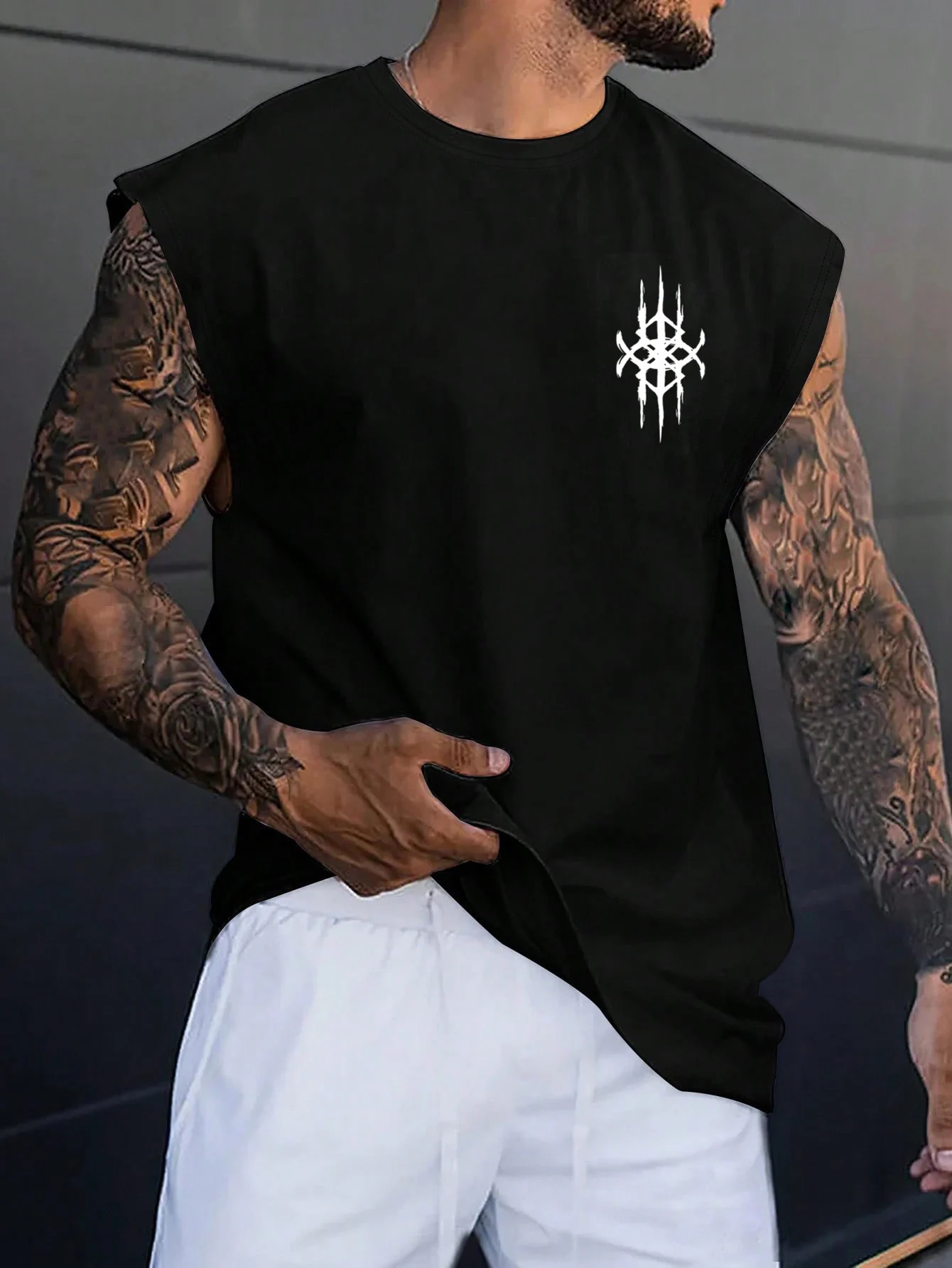 100% pure cotton men's summer fashion leisure sports fitness loose geometric pattern printed round neck sleeveless vest