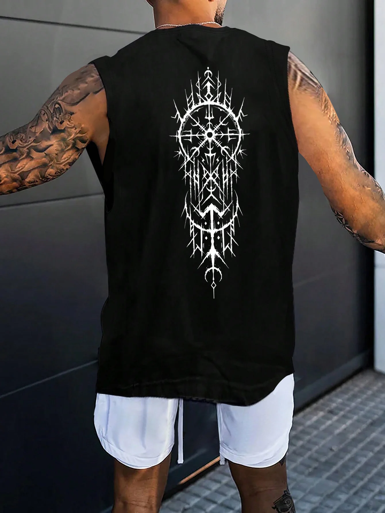 100% pure cotton men's summer fashion leisure sports fitness loose geometric pattern printed round neck sleeveless vest