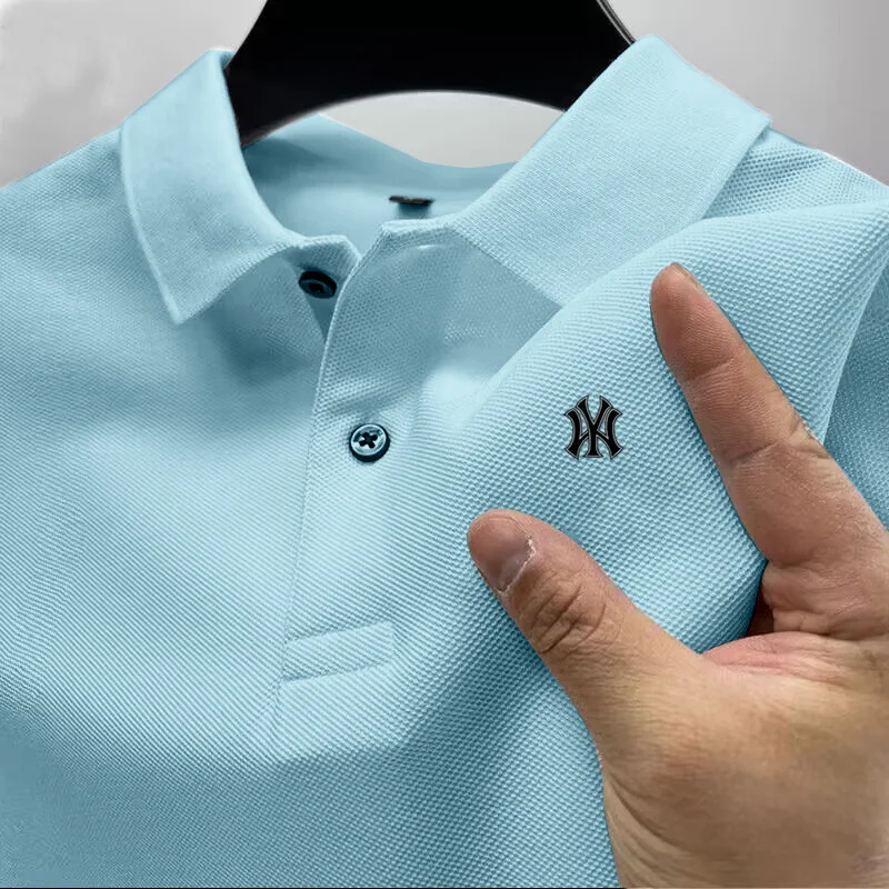 Men's business casual Polo short sleeved T-shirt for summer, comfortable and breathable, solid color printed top for men's wear