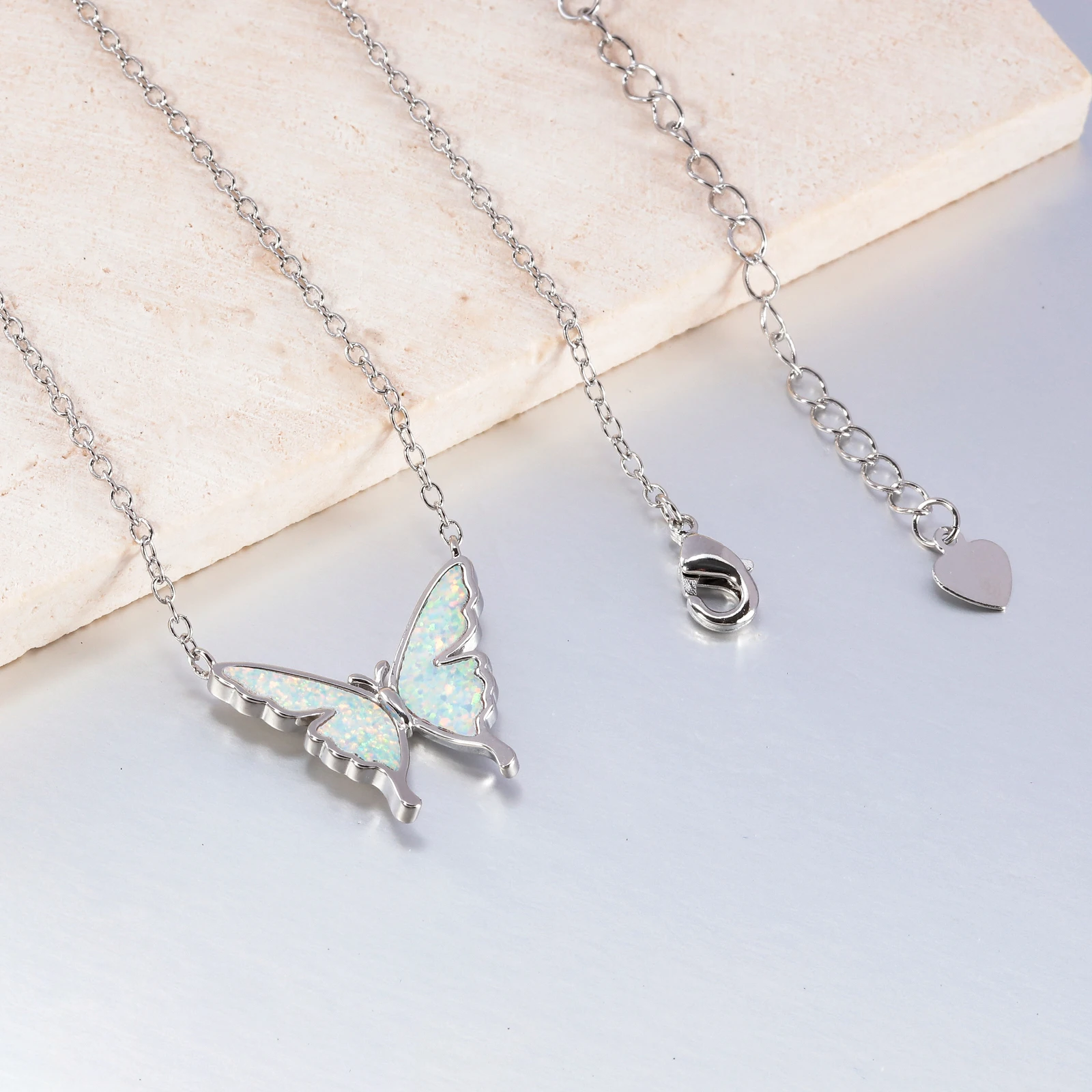 CiNily Delicate Butterfly Shaped Chain Necklace for Women with Created Multicolor Opal Silver Plated Necklace for Birthday Gifts