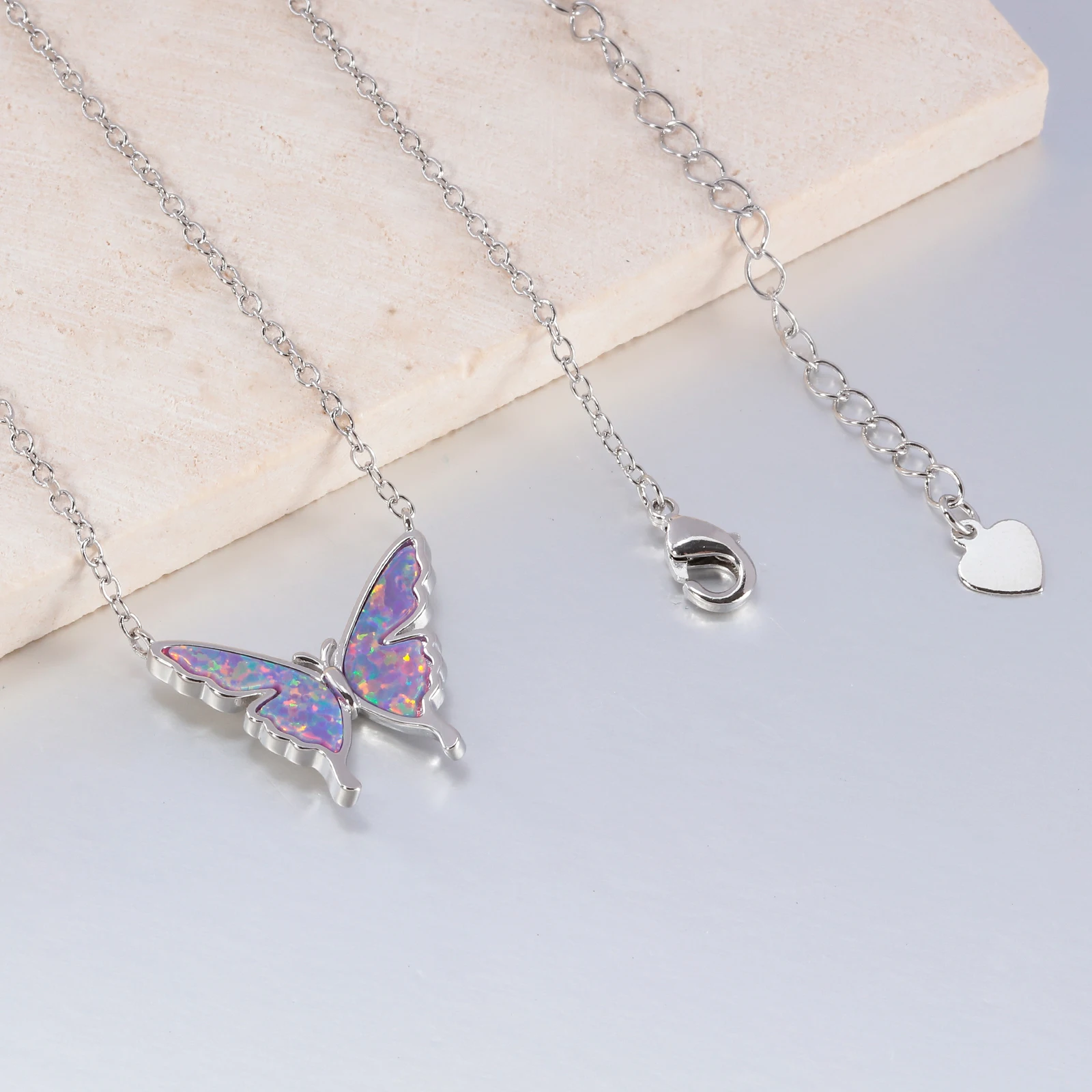 CiNily Delicate Butterfly Shaped Chain Necklace for Women with Created Multicolor Opal Silver Plated Necklace for Birthday Gifts