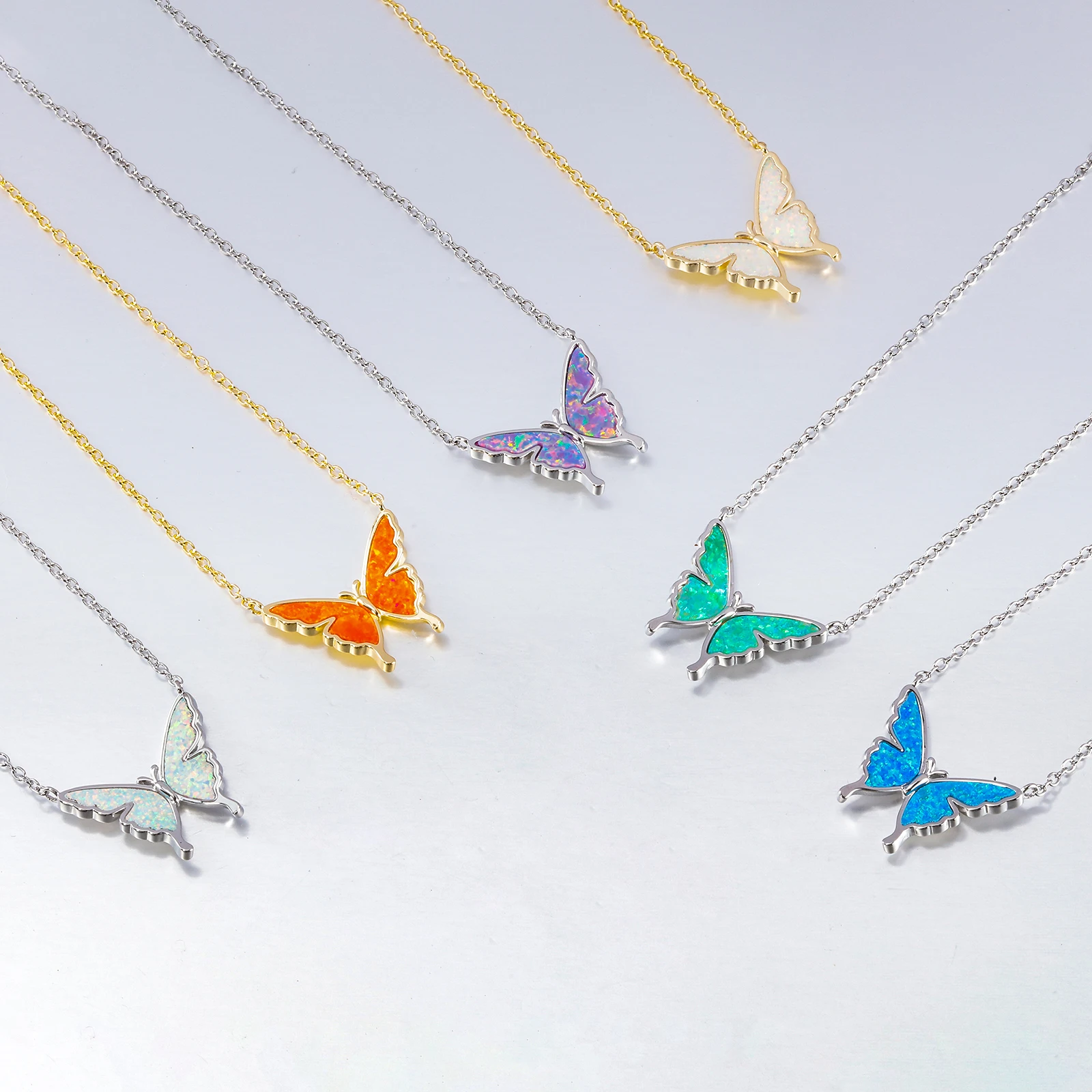 CiNily Delicate Butterfly Shaped Chain Necklace for Women with Created Multicolor Opal Silver Plated Necklace for Birthday Gifts
