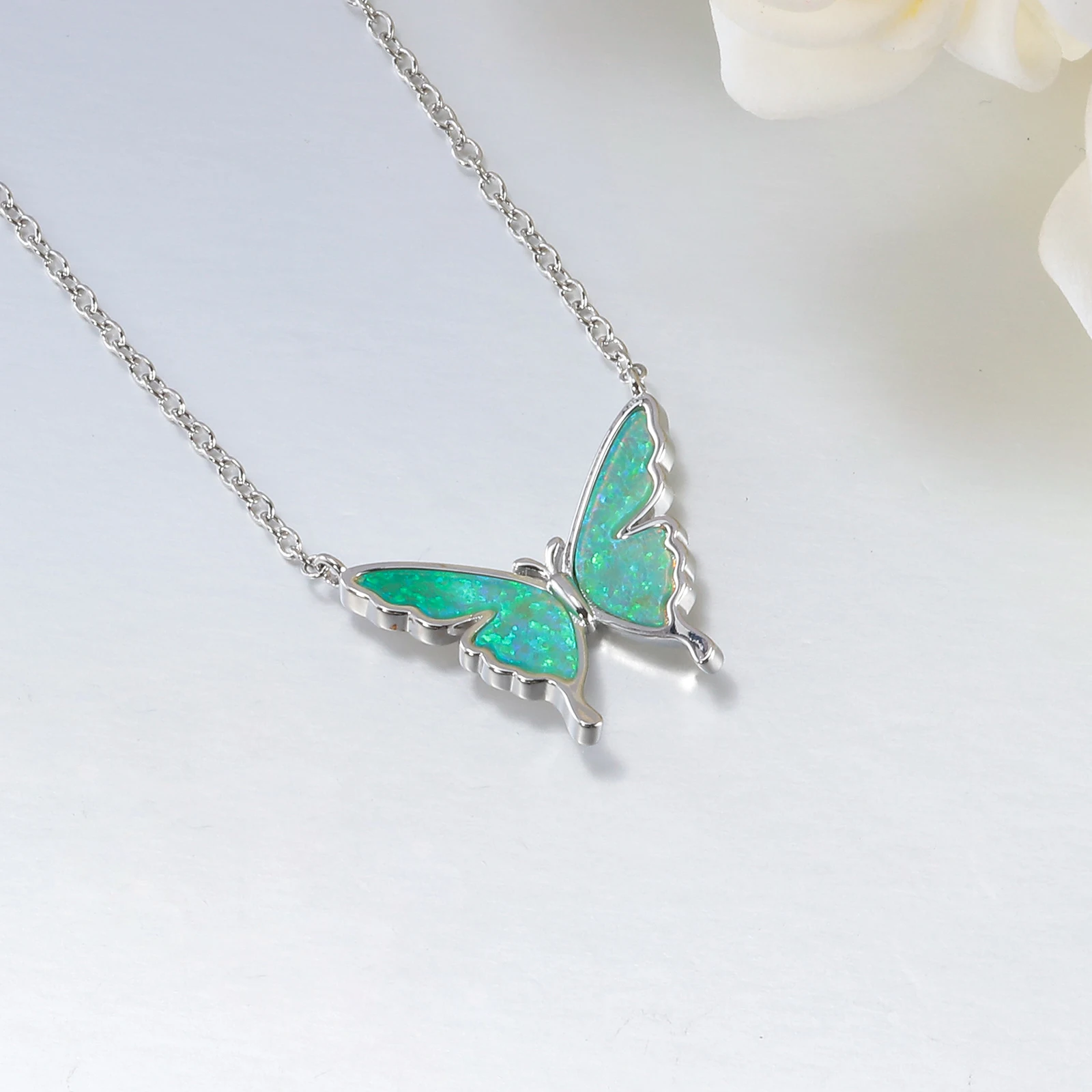 CiNily Delicate Butterfly Shaped Chain Necklace for Women with Created Multicolor Opal Silver Plated Necklace for Birthday Gifts