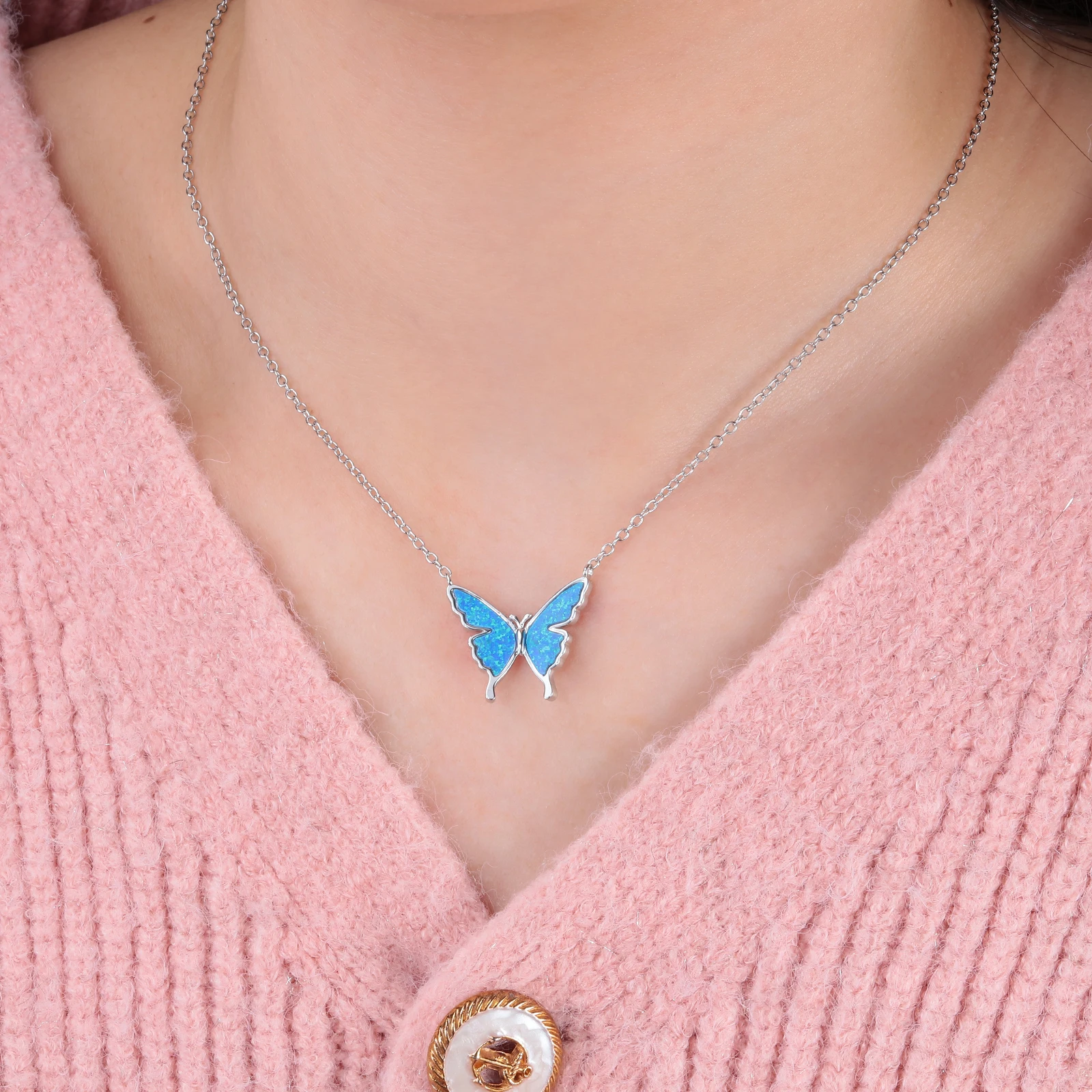 CiNily Delicate Butterfly Shaped Chain Necklace for Women with Created Multicolor Opal Silver Plated Necklace for Birthday Gifts