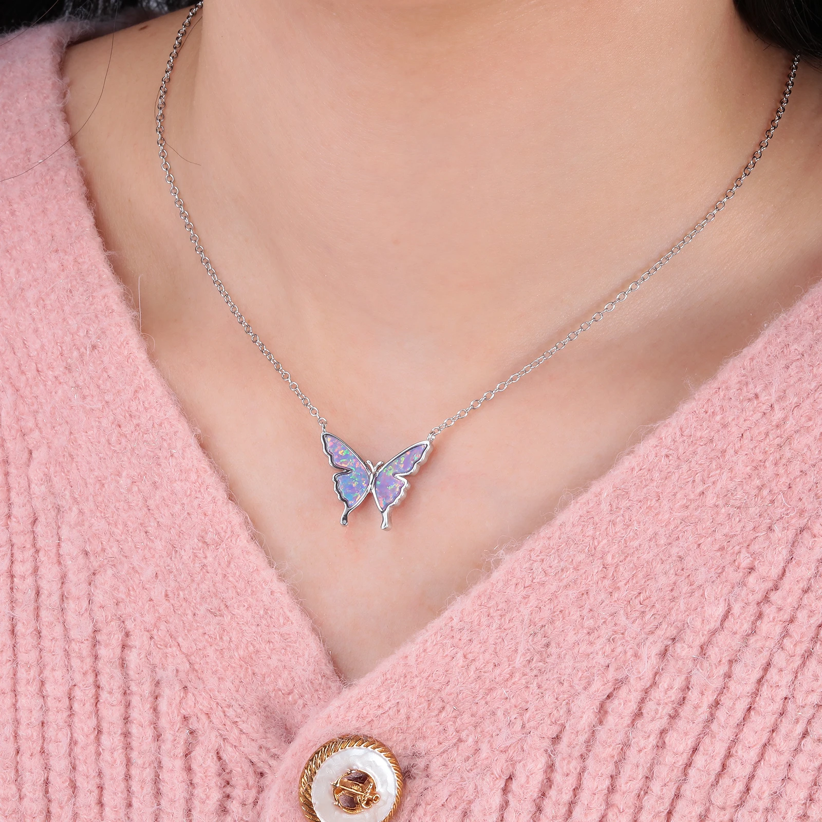 CiNily Delicate Butterfly Shaped Chain Necklace for Women with Created Multicolor Opal Silver Plated Necklace for Birthday Gifts