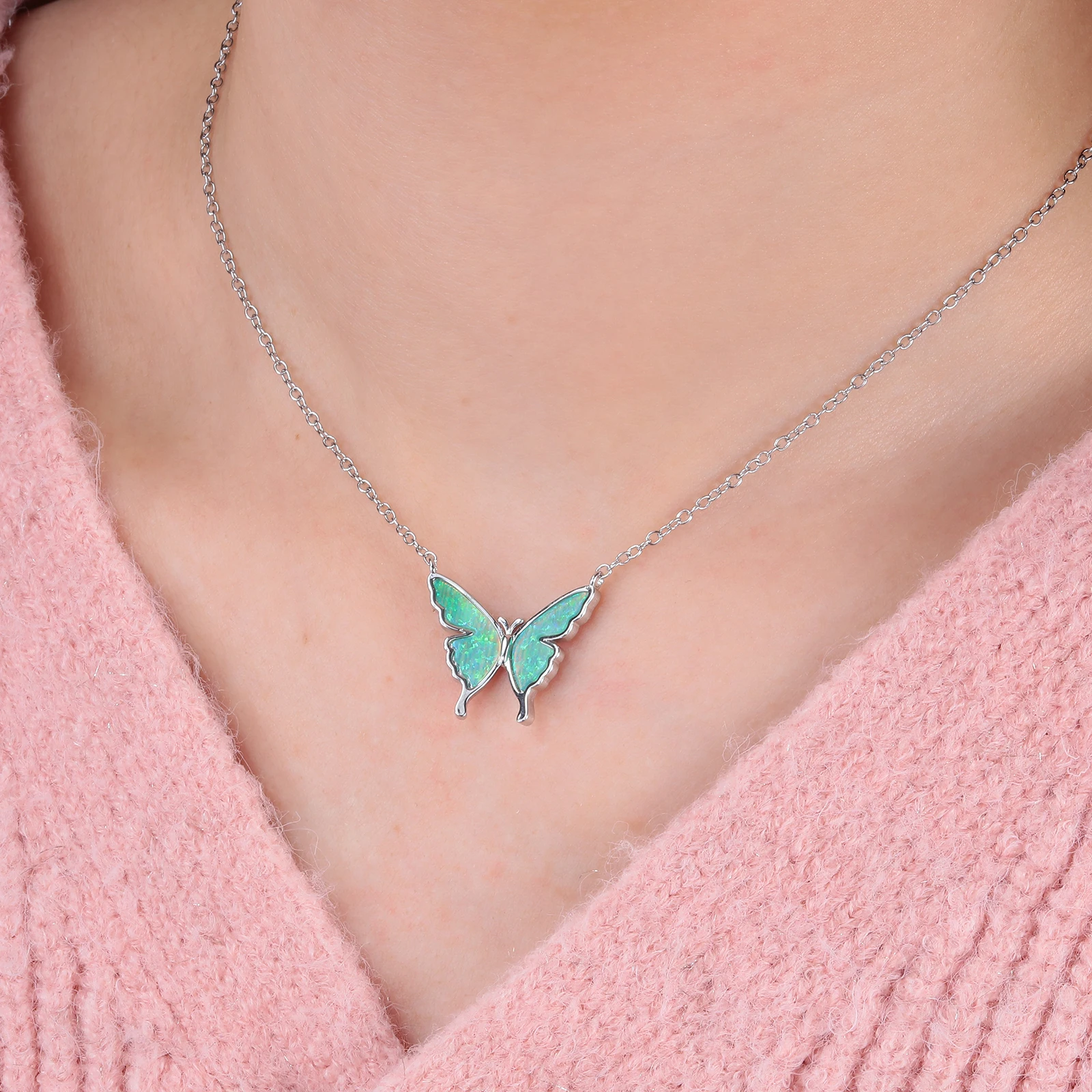 CiNily Delicate Butterfly Shaped Chain Necklace for Women with Created Multicolor Opal Silver Plated Necklace for Birthday Gifts