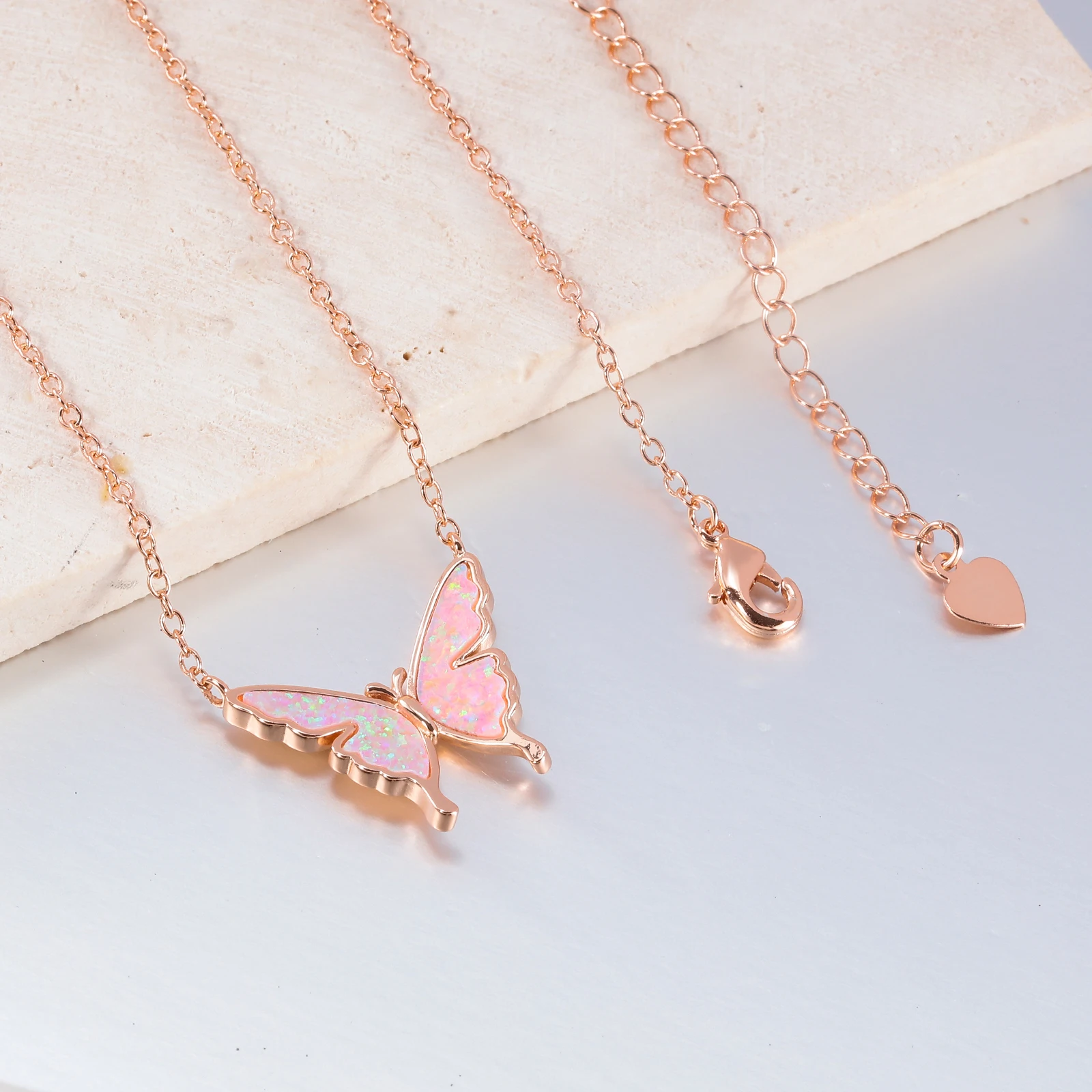 CiNily Delicate Butterfly Shaped Chain Necklace for Women with Created Multicolor Opal Silver Plated Necklace for Birthday Gifts