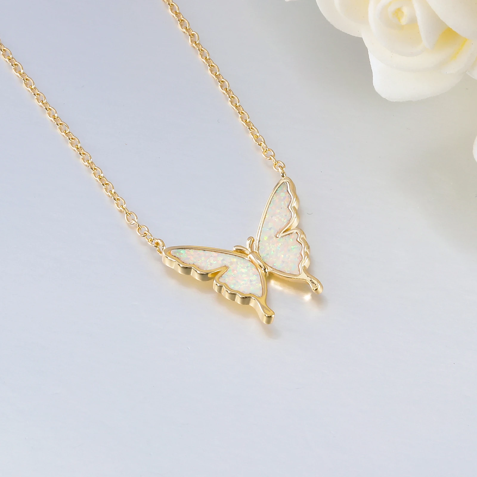 CiNily Delicate Butterfly Shaped Chain Necklace for Women with Created Multicolor Opal Silver Plated Necklace for Birthday Gifts