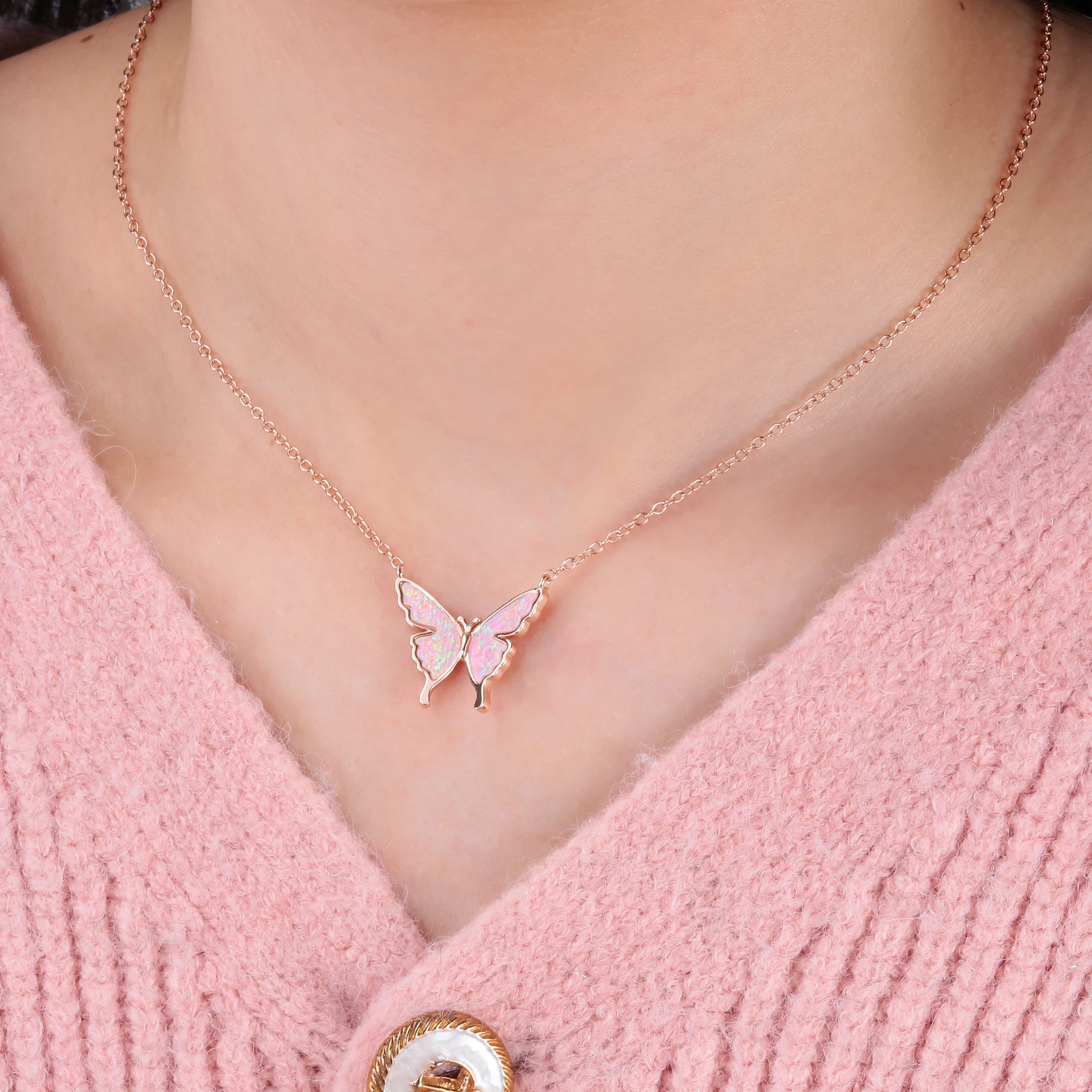 CiNily Delicate Butterfly Shaped Chain Necklace for Women with Created Multicolor Opal Silver Plated Necklace for Birthday Gifts