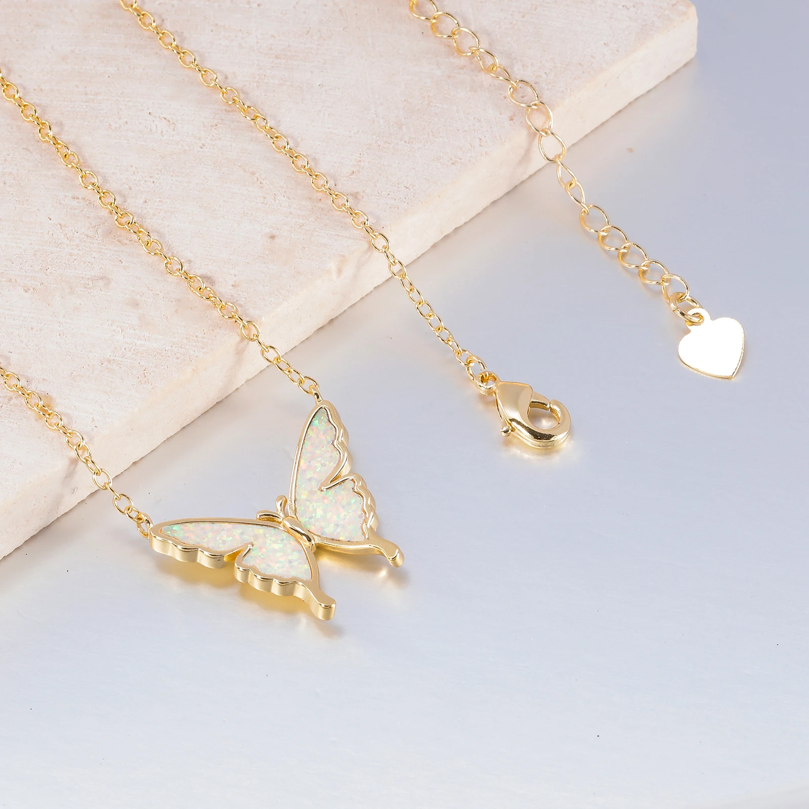 CiNily Delicate Butterfly Shaped Chain Necklace for Women with Created Multicolor Opal Silver Plated Necklace for Birthday Gifts