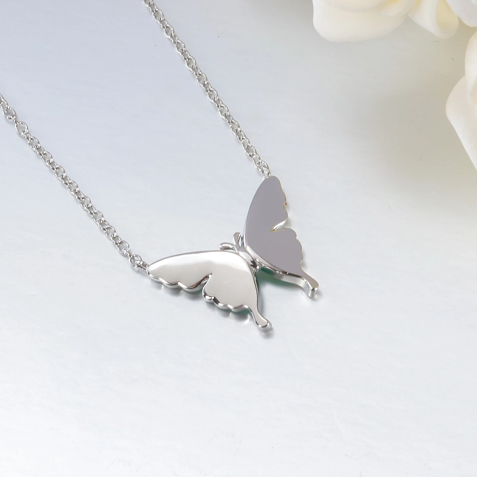 CiNily Delicate Butterfly Shaped Chain Necklace for Women with Created Multicolor Opal Silver Plated Necklace for Birthday Gifts