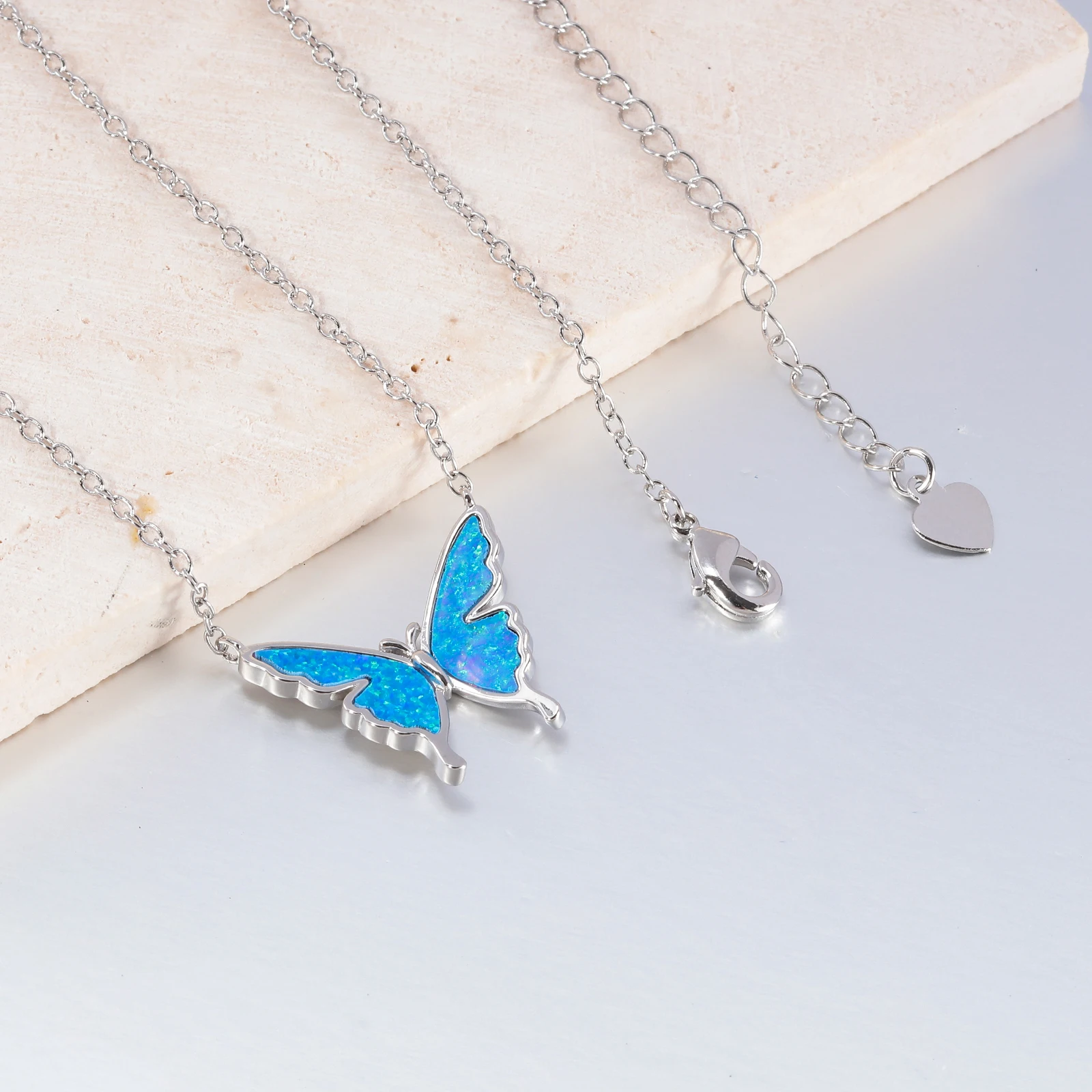 CiNily Delicate Butterfly Shaped Chain Necklace for Women with Created Multicolor Opal Silver Plated Necklace for Birthday Gifts