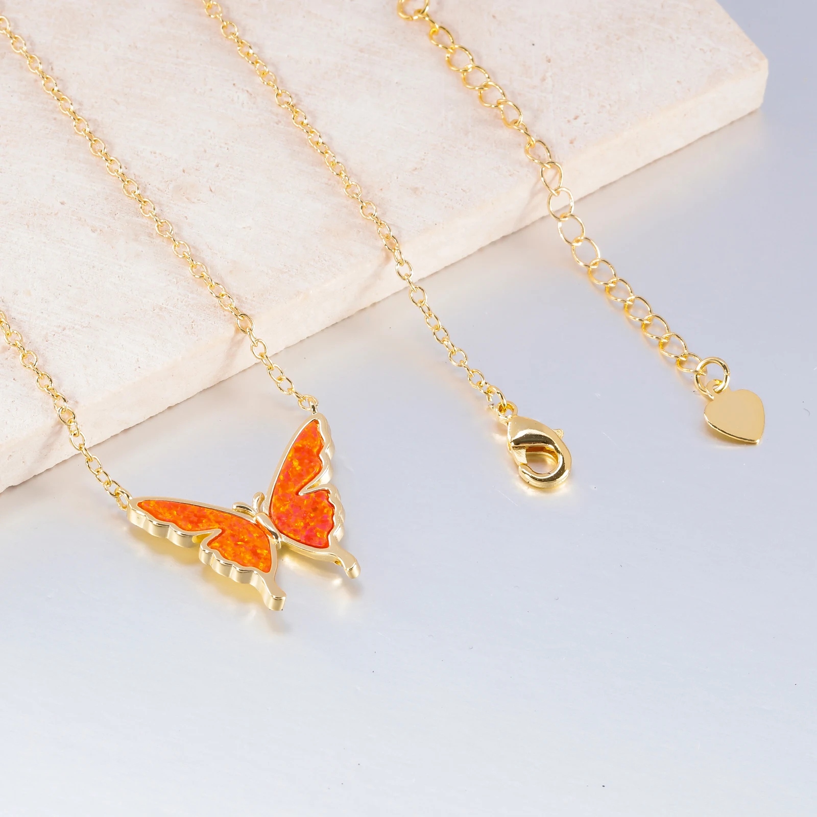 CiNily Delicate Butterfly Shaped Chain Necklace for Women with Created Multicolor Opal Silver Plated Necklace for Birthday Gifts
