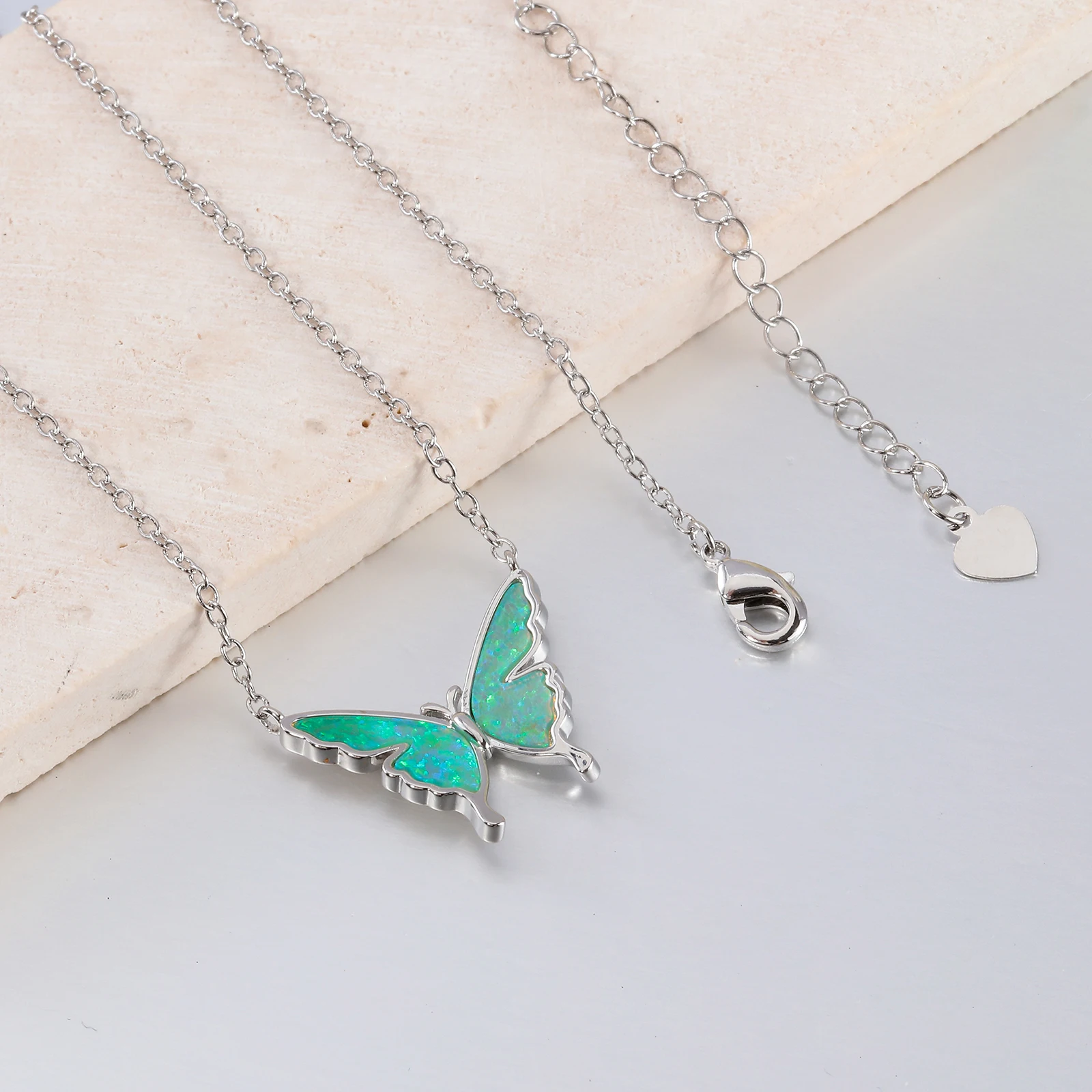 CiNily Delicate Butterfly Shaped Chain Necklace for Women with Created Multicolor Opal Silver Plated Necklace for Birthday Gifts