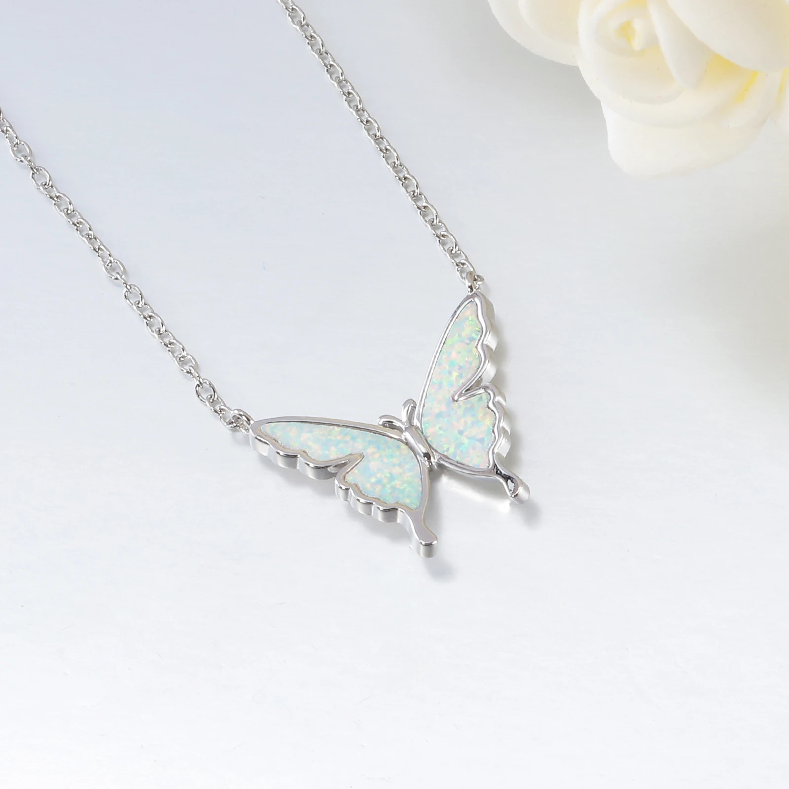 CiNily Delicate Butterfly Shaped Chain Necklace for Women with Created Multicolor Opal Silver Plated Necklace for Birthday Gifts