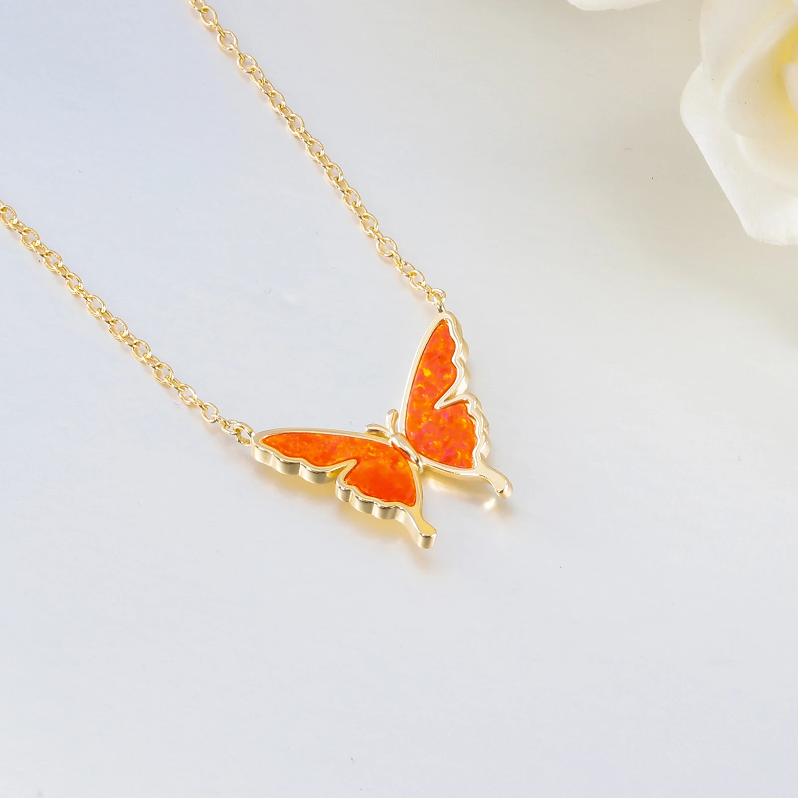 CiNily Delicate Butterfly Shaped Chain Necklace for Women with Created Multicolor Opal Silver Plated Necklace for Birthday Gifts
