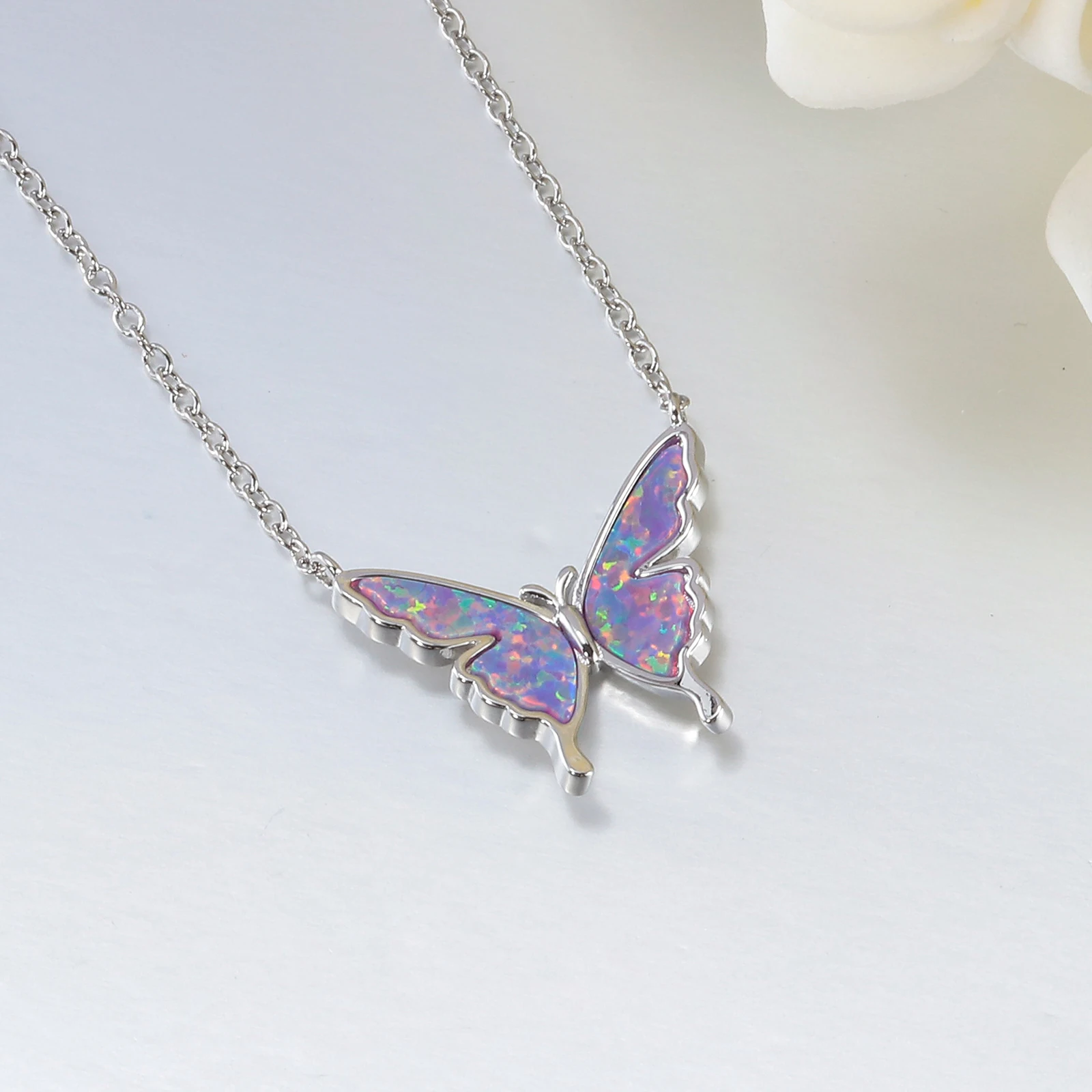 CiNily Delicate Butterfly Shaped Chain Necklace for Women with Created Multicolor Opal Silver Plated Necklace for Birthday Gifts