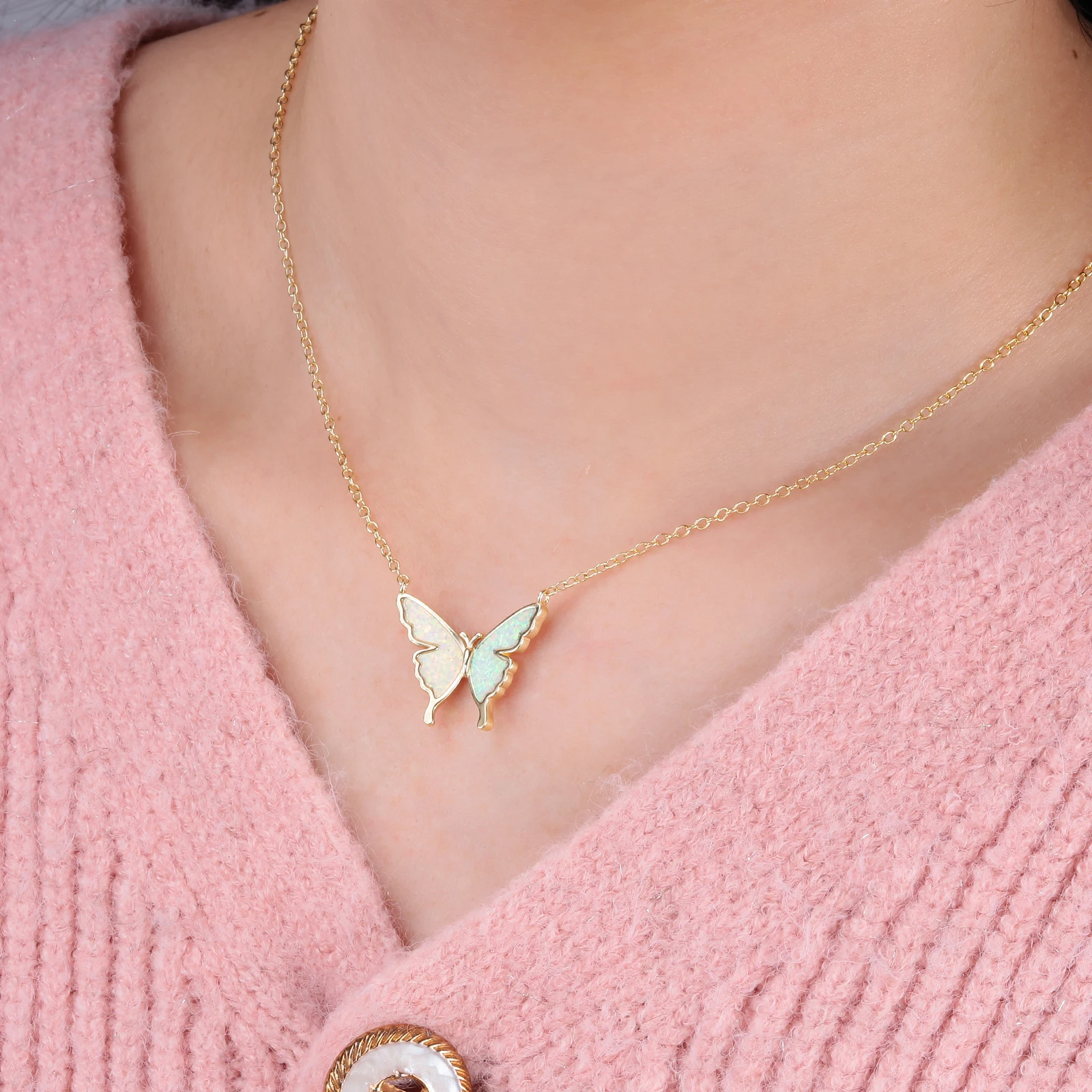 CiNily Delicate Butterfly Shaped Chain Necklace for Women with Created Multicolor Opal Silver Plated Necklace for Birthday Gifts