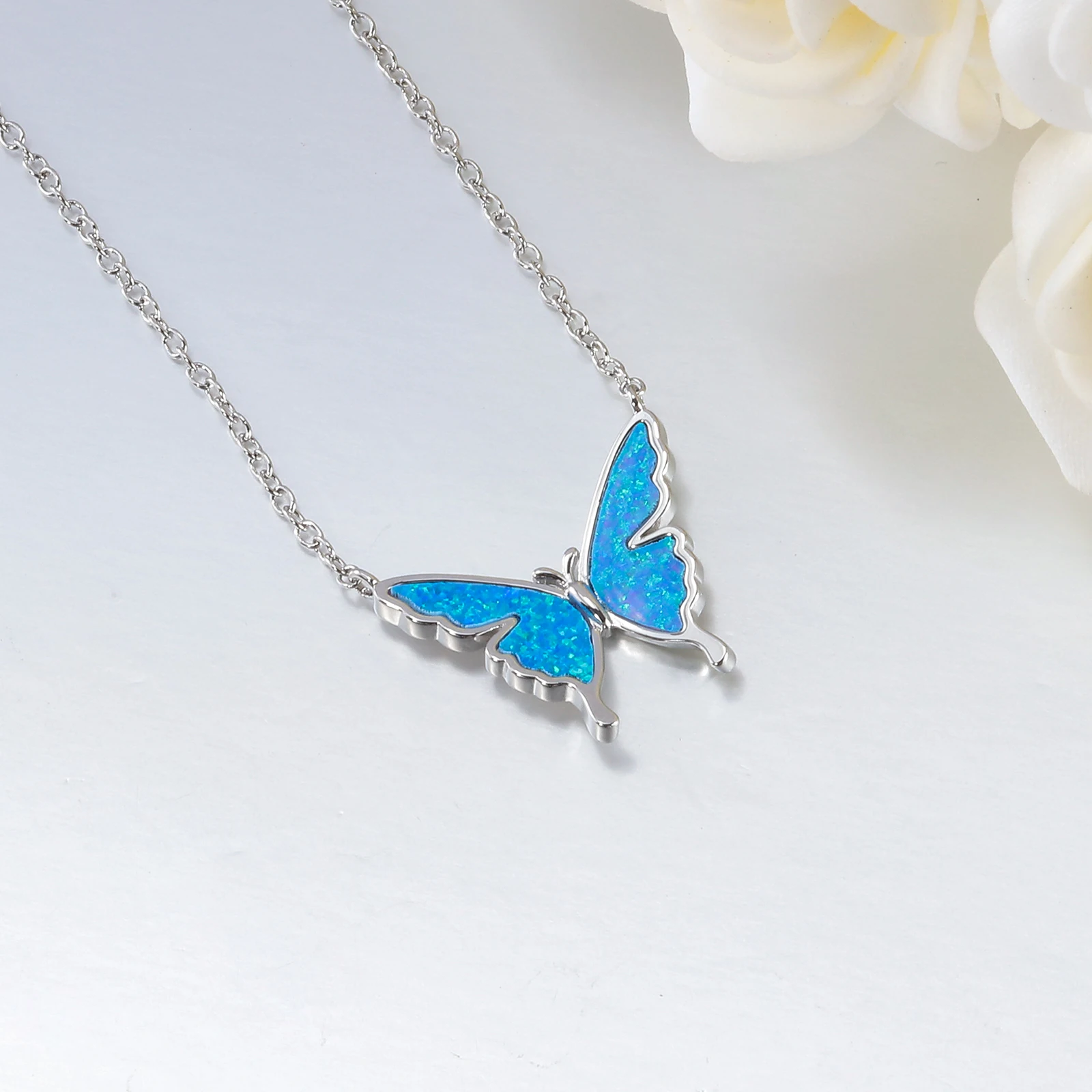CiNily Delicate Butterfly Shaped Chain Necklace for Women with Created Multicolor Opal Silver Plated Necklace for Birthday Gifts